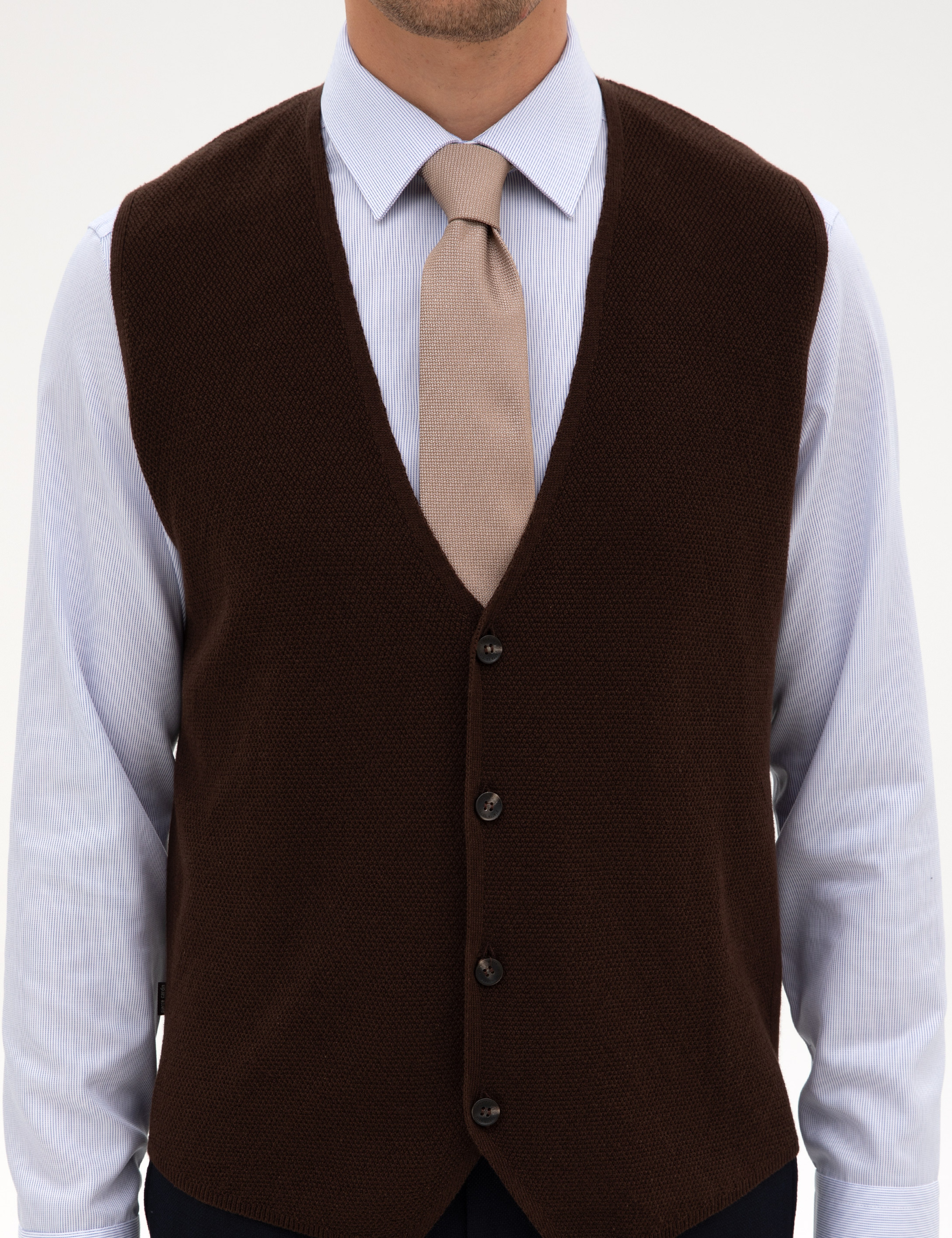 Koyu Kahverengi Slim Fit V Yaka Triko Yelek - Image 6