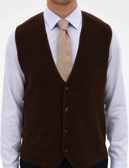 Koyu Kahverengi Slim Fit V Yaka Triko Yelek - 50317313047