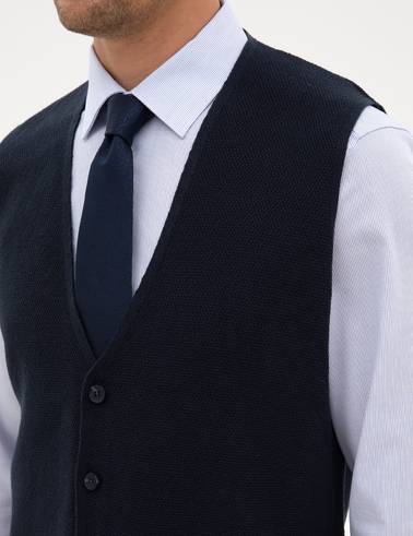 Lacivert Slim Fit V Yaka Triko Yelek