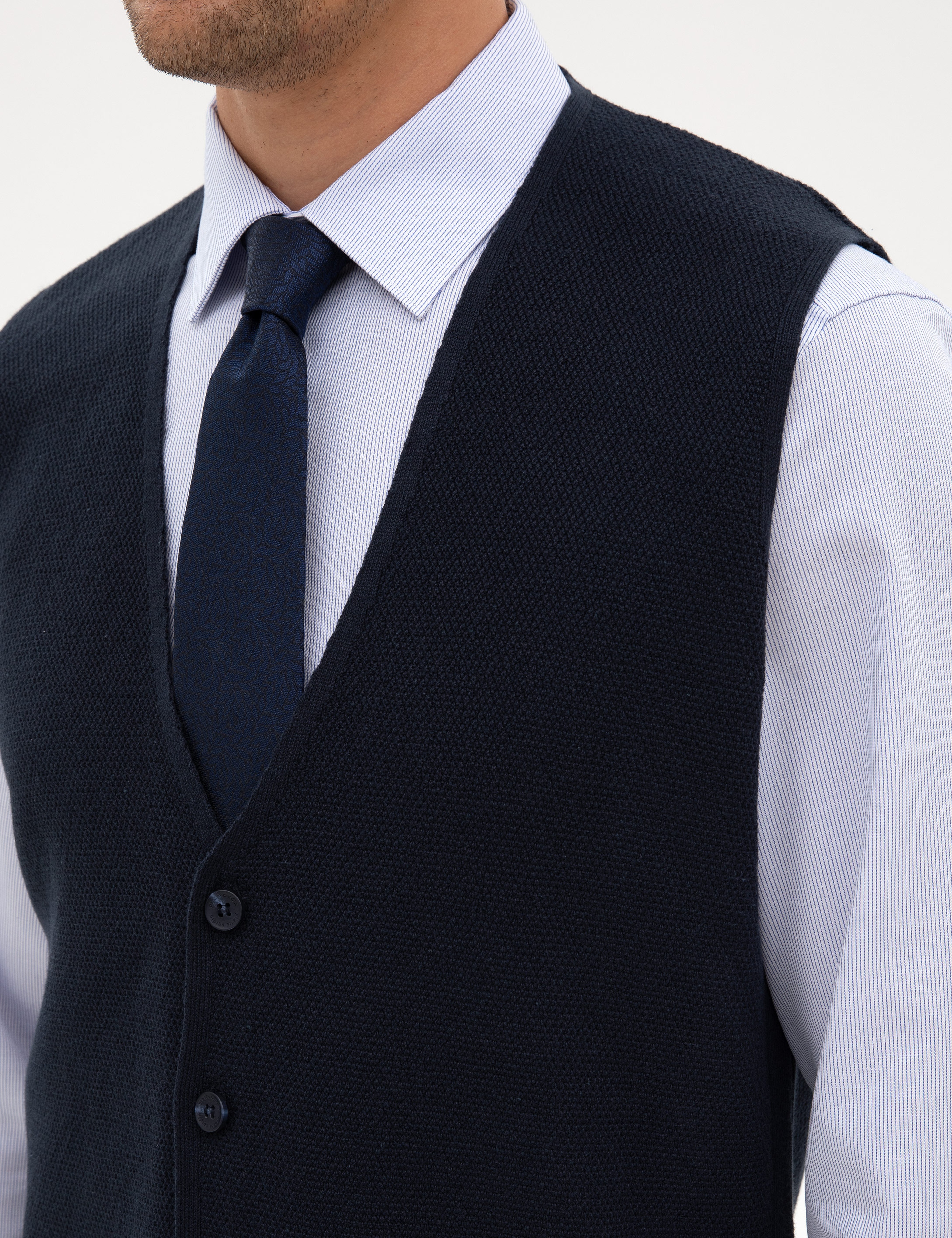 Lacivert Slim Fit V Yaka Triko Yelek - Image 7