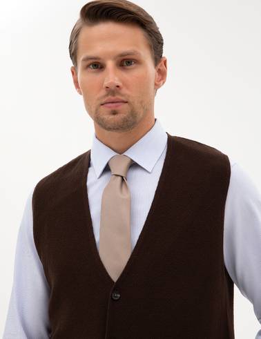 Koyu Kahverengi Slim Fit V Yaka Triko Yelek