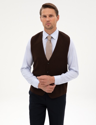 Koyu Kahverengi Slim Fit V Yaka Triko Yelek