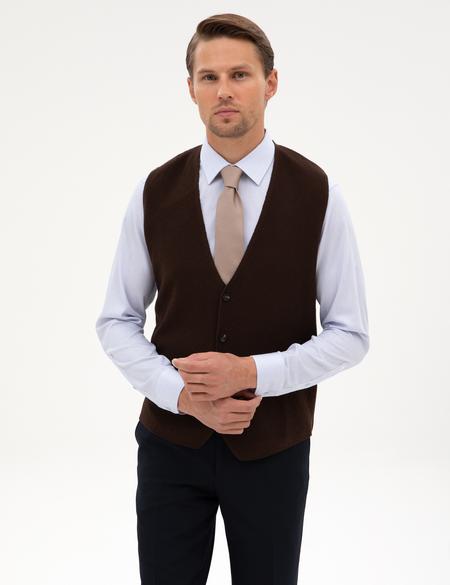 Koyu Kahverengi Slim Fit V Yaka Triko Yelek - 50317313047