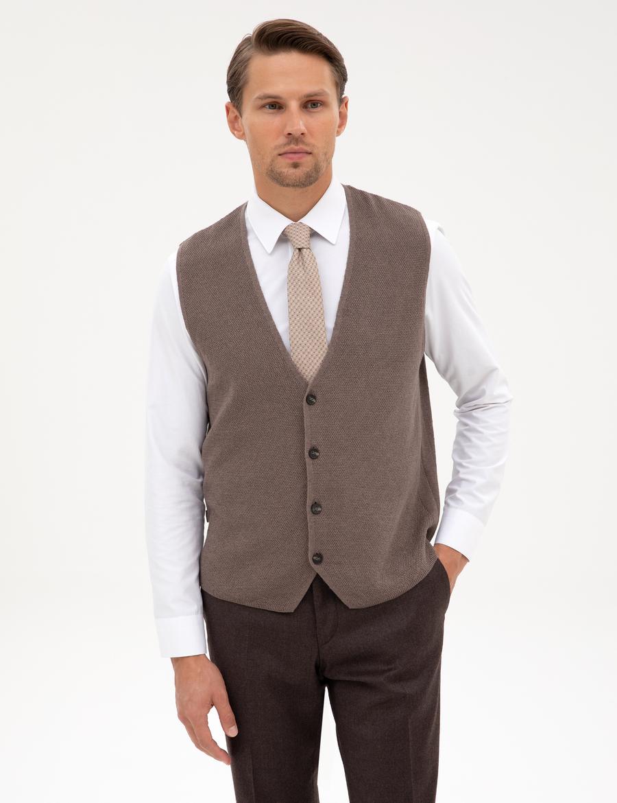 Vizon Melanj Slim Fit V Yaka Triko Yelek