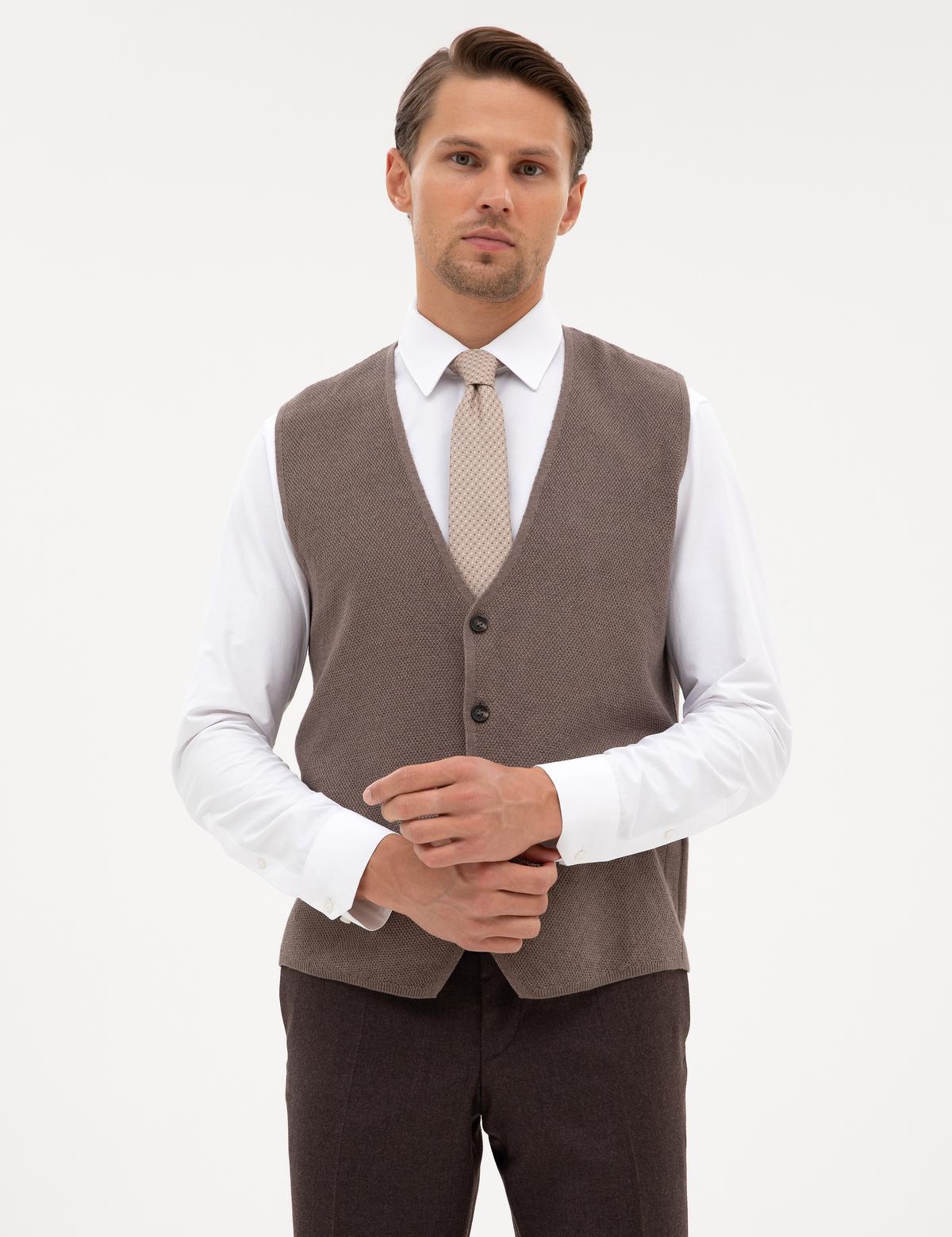 Vizon Melanj Slim Fit V Yaka Triko Yelek - 50317313020