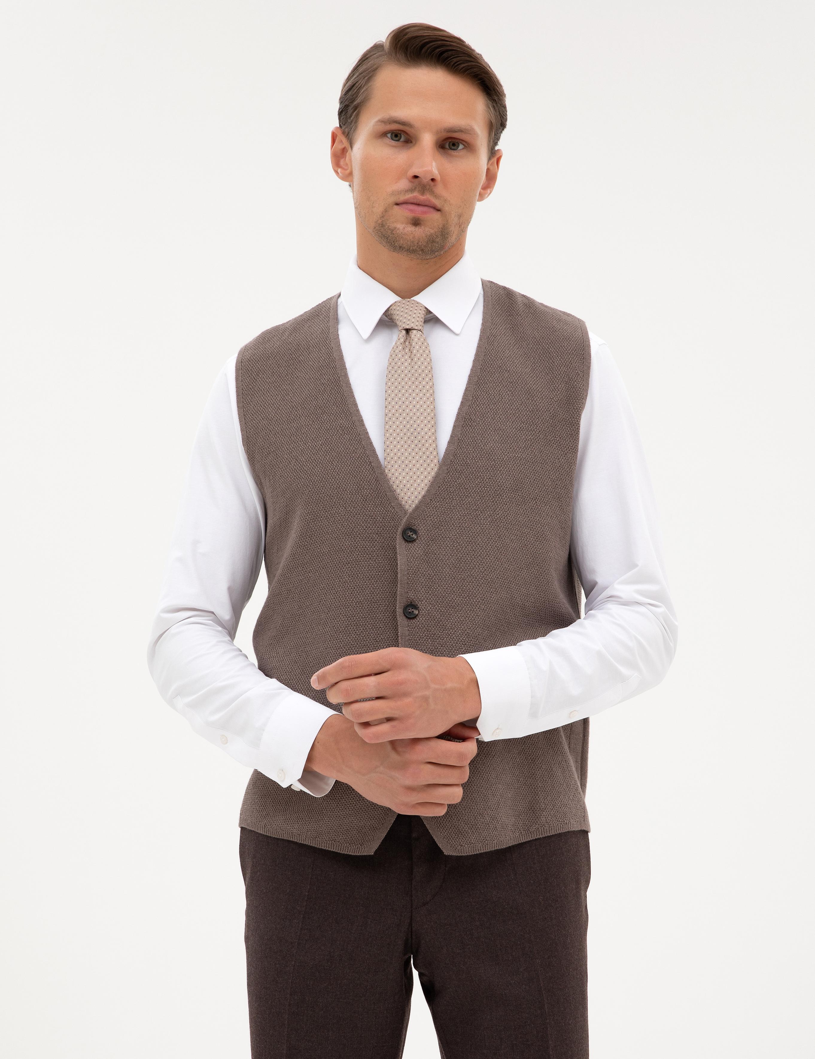 Vizon Melanj Slim Fit V Yaka Triko Yelek