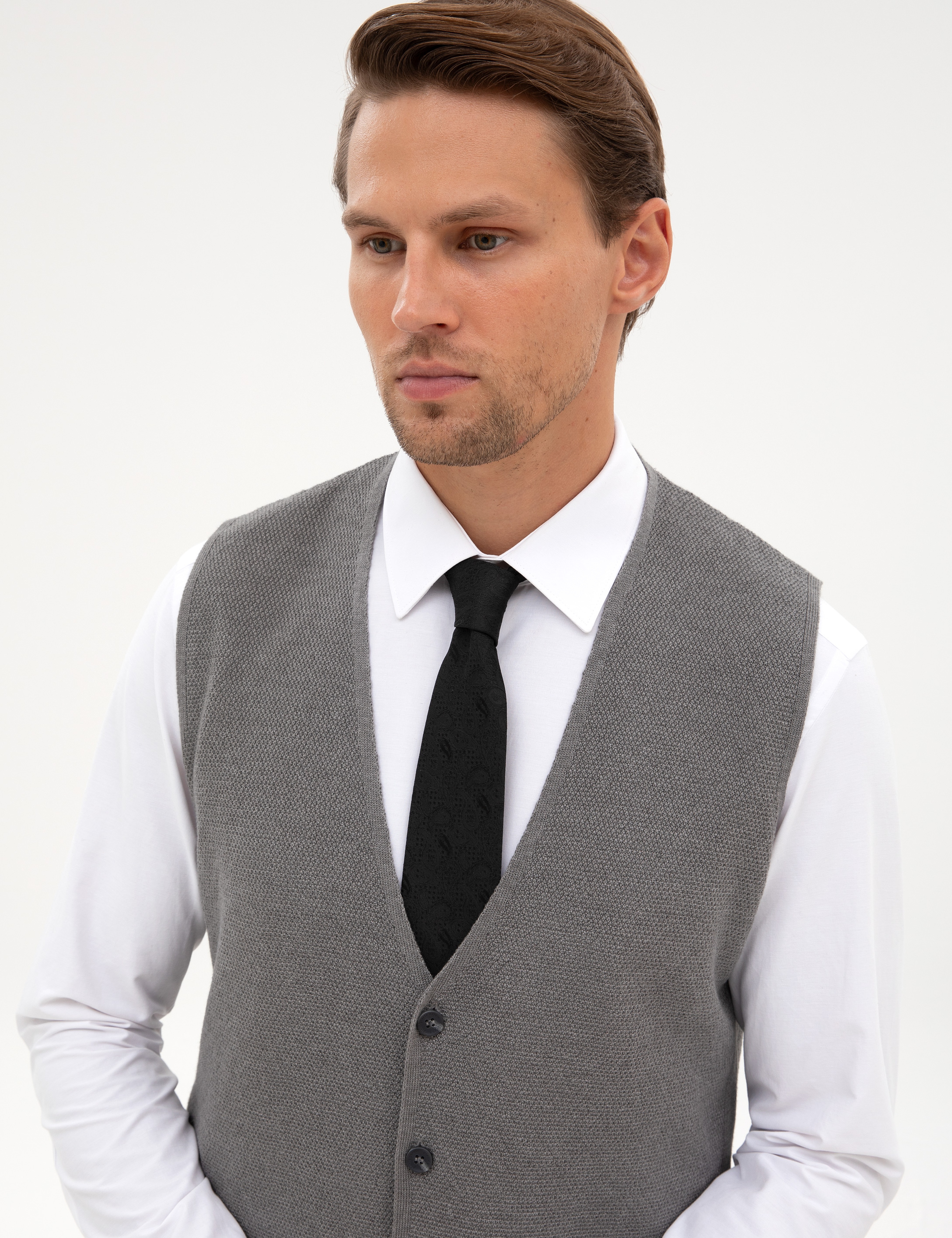 Gri Melanj Slim Fit V Yaka Triko Yelek - Image 2