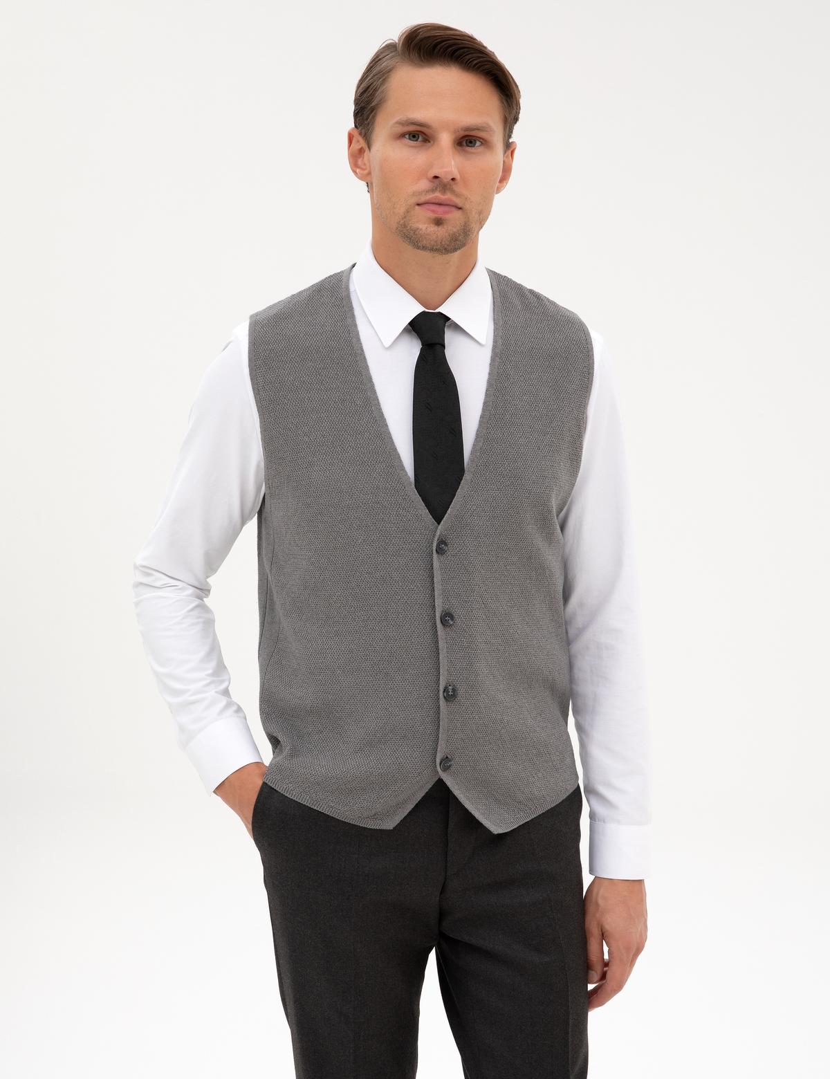 Gri Melanj Slim Fit V Yaka Triko Yelek