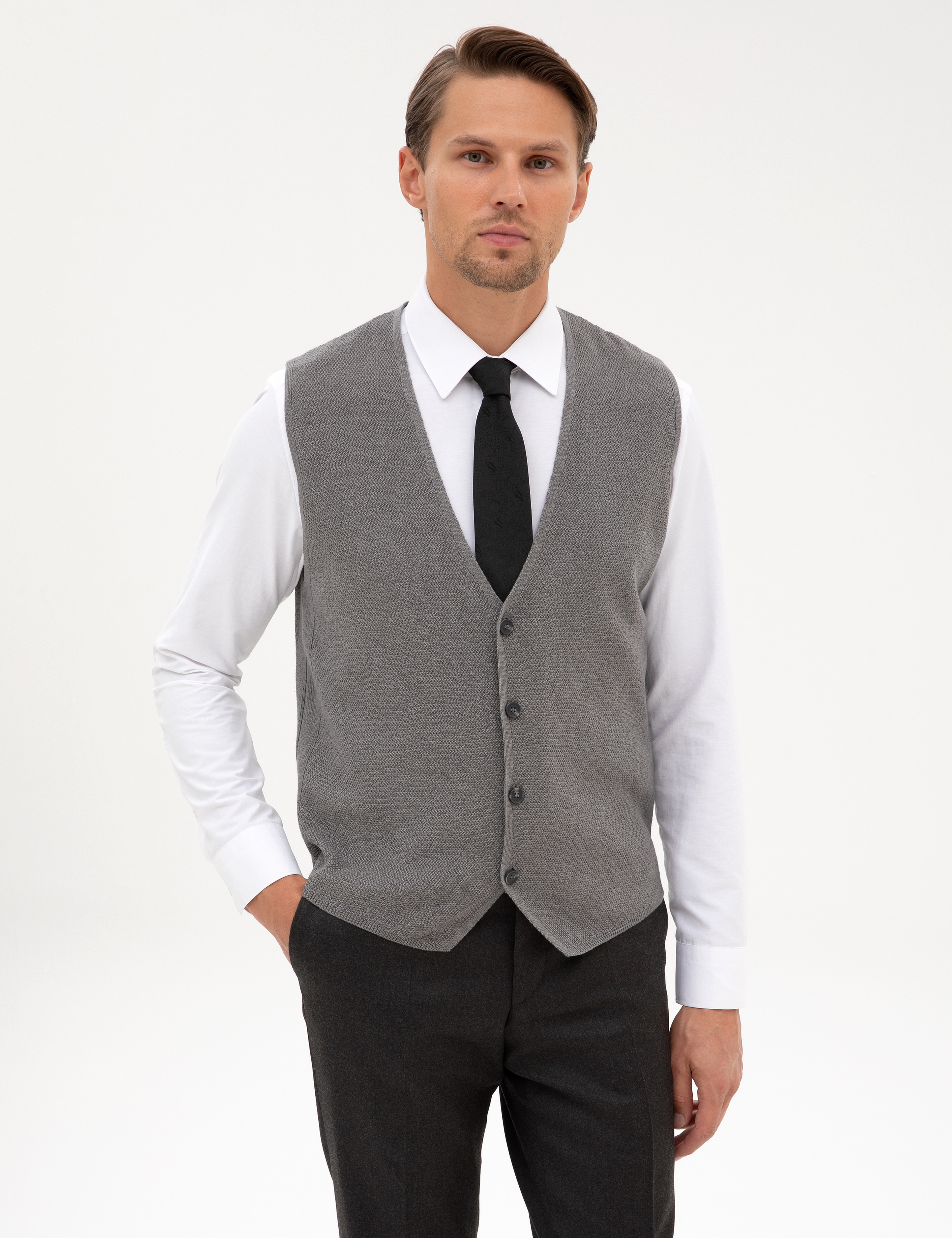Gri Melanj Slim Fit V Yaka Triko Yelek - Image 1