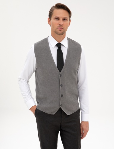Gri Melanj Slim Fit V Yaka Triko Yelek