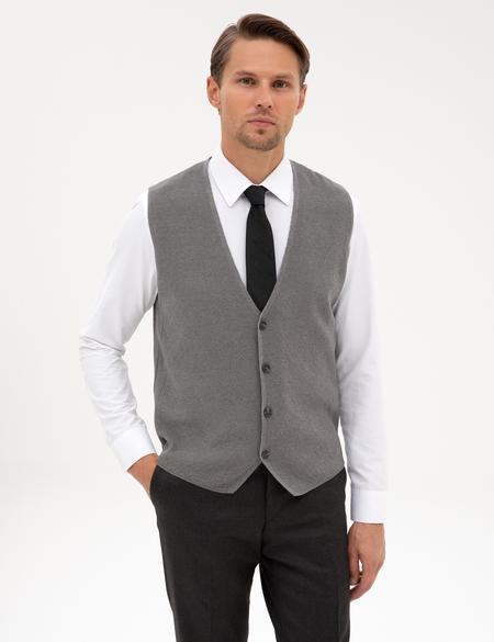 Gri Melanj Slim Fit V Yaka Triko Yelek - 50317313029