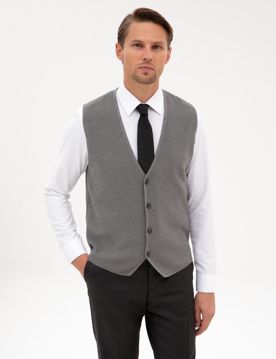 Gri Melanj Slim Fit V Yaka Triko Yelek