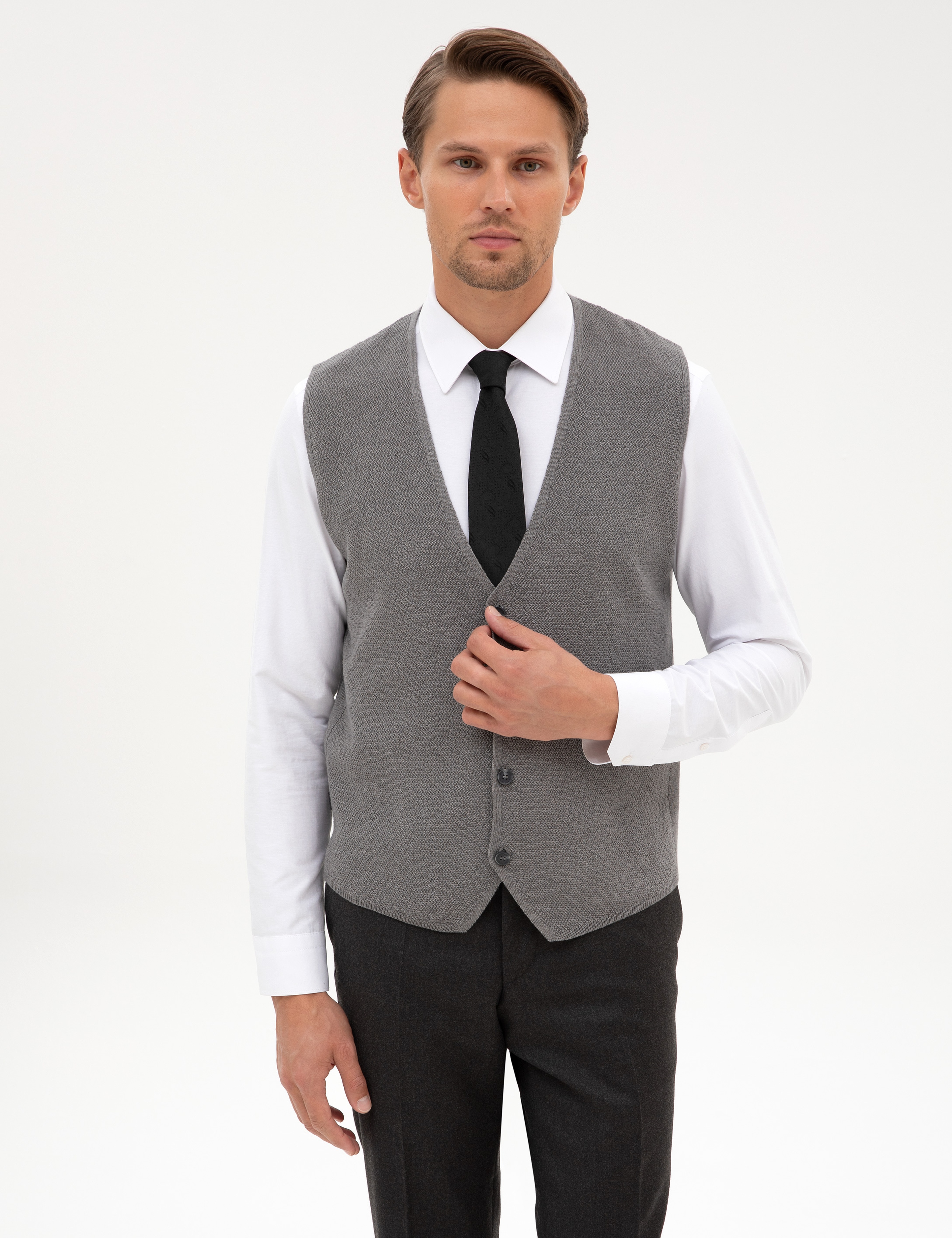 Gri Melanj Slim Fit V Yaka Triko Yelek
