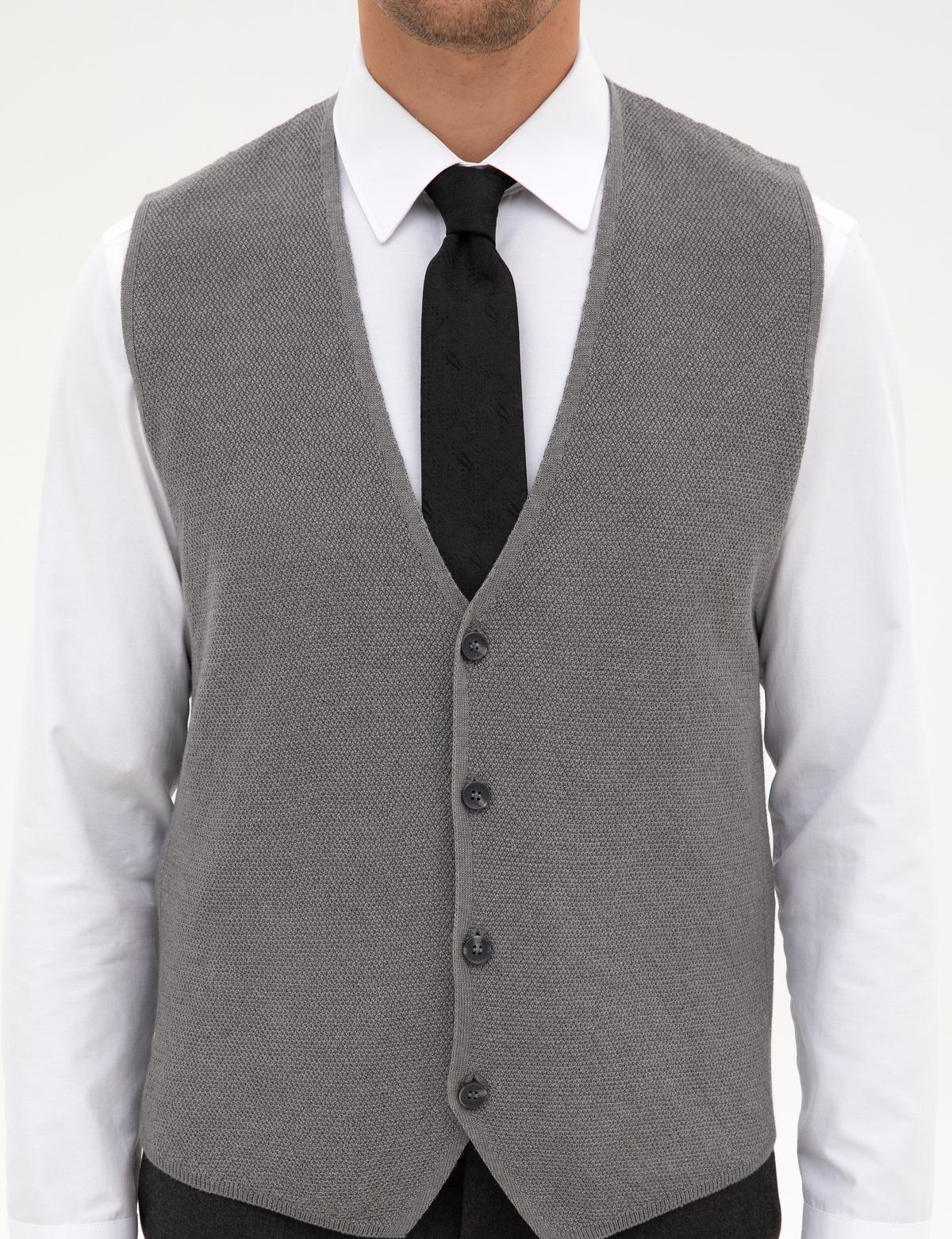 Gri Melanj Slim Fit V Yaka Triko Yelek - 50317313029