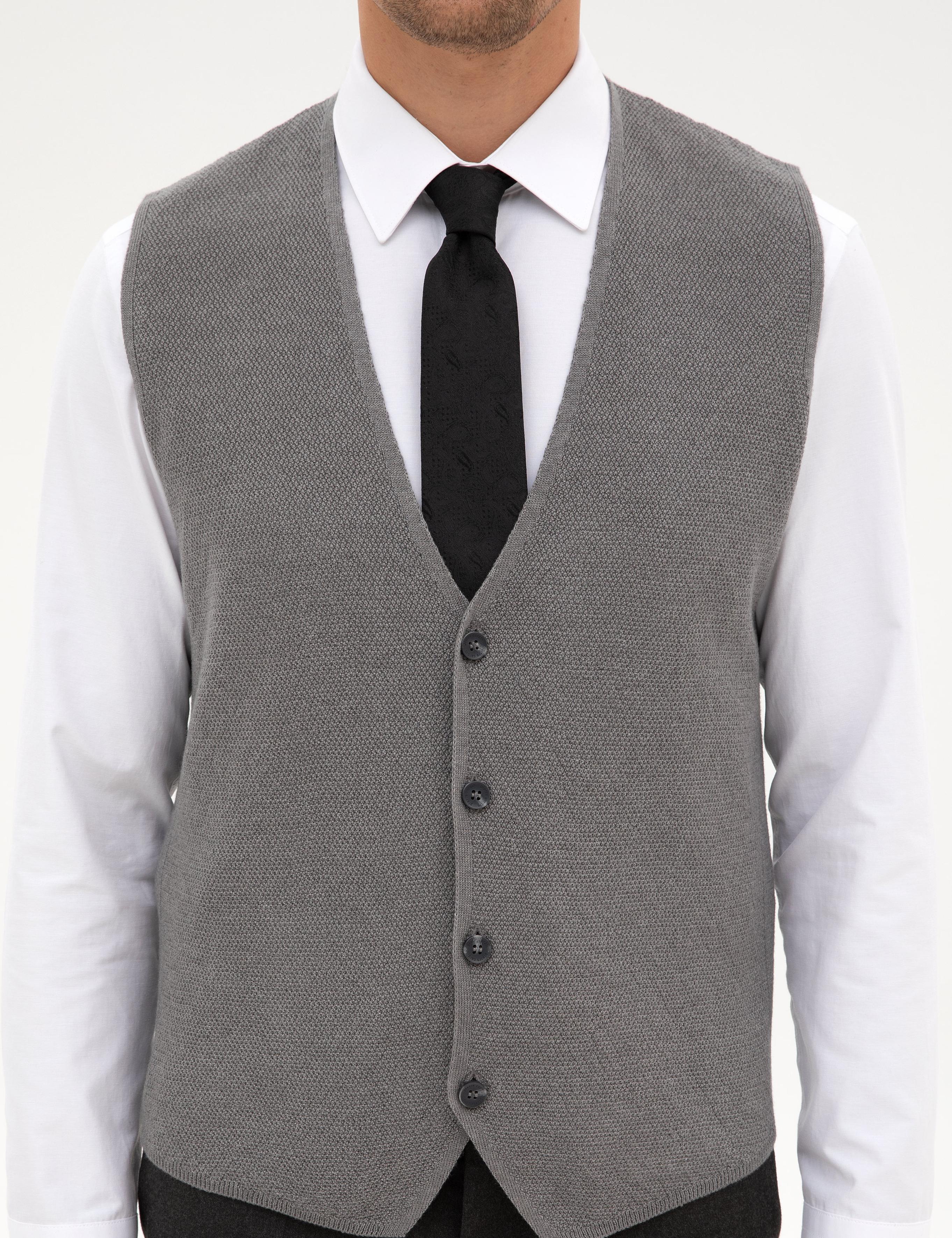 Gri Melanj Slim Fit V Yaka Triko Yelek