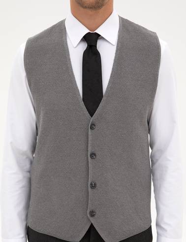 Gri Melanj Slim Fit V Yaka Triko Yelek