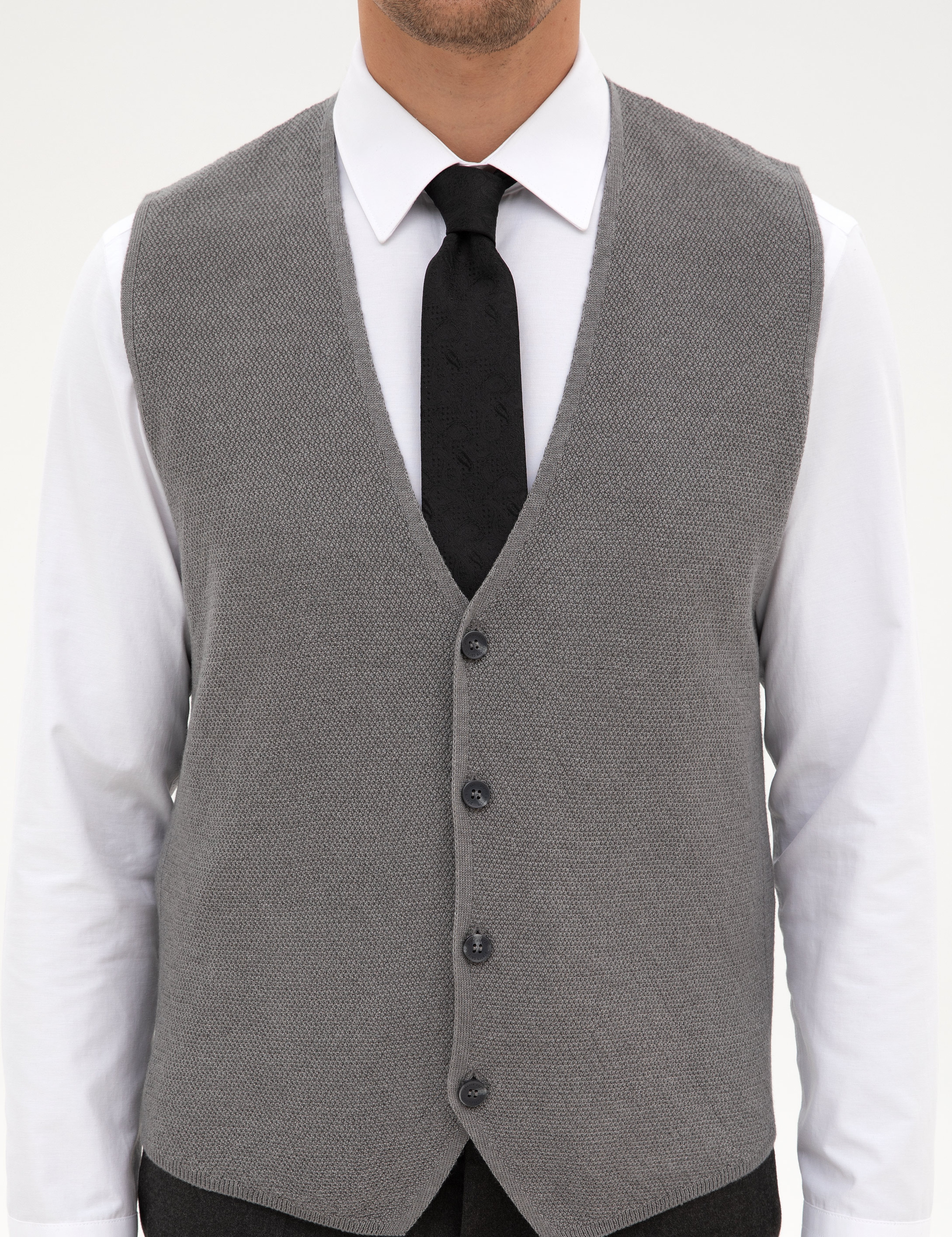 Gri Melanj Slim Fit V Yaka Triko Yelek - Image 6