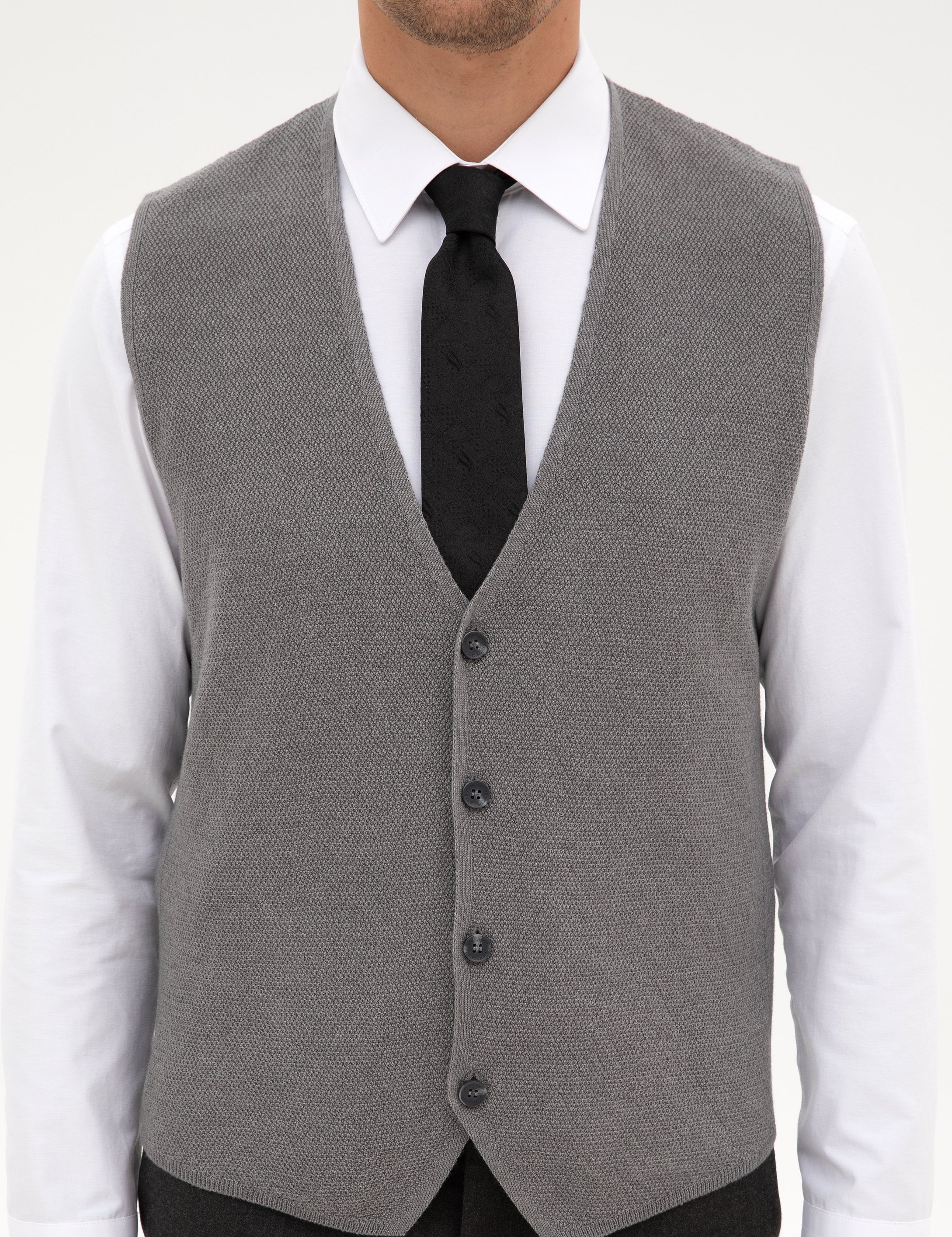 Gri Melanj Slim Fit V Yaka Triko Yelek