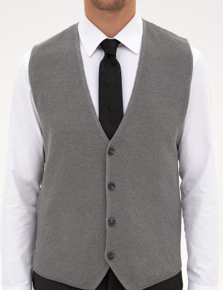 Gri Melanj Slim Fit V Yaka Triko Yelek - 50317313029