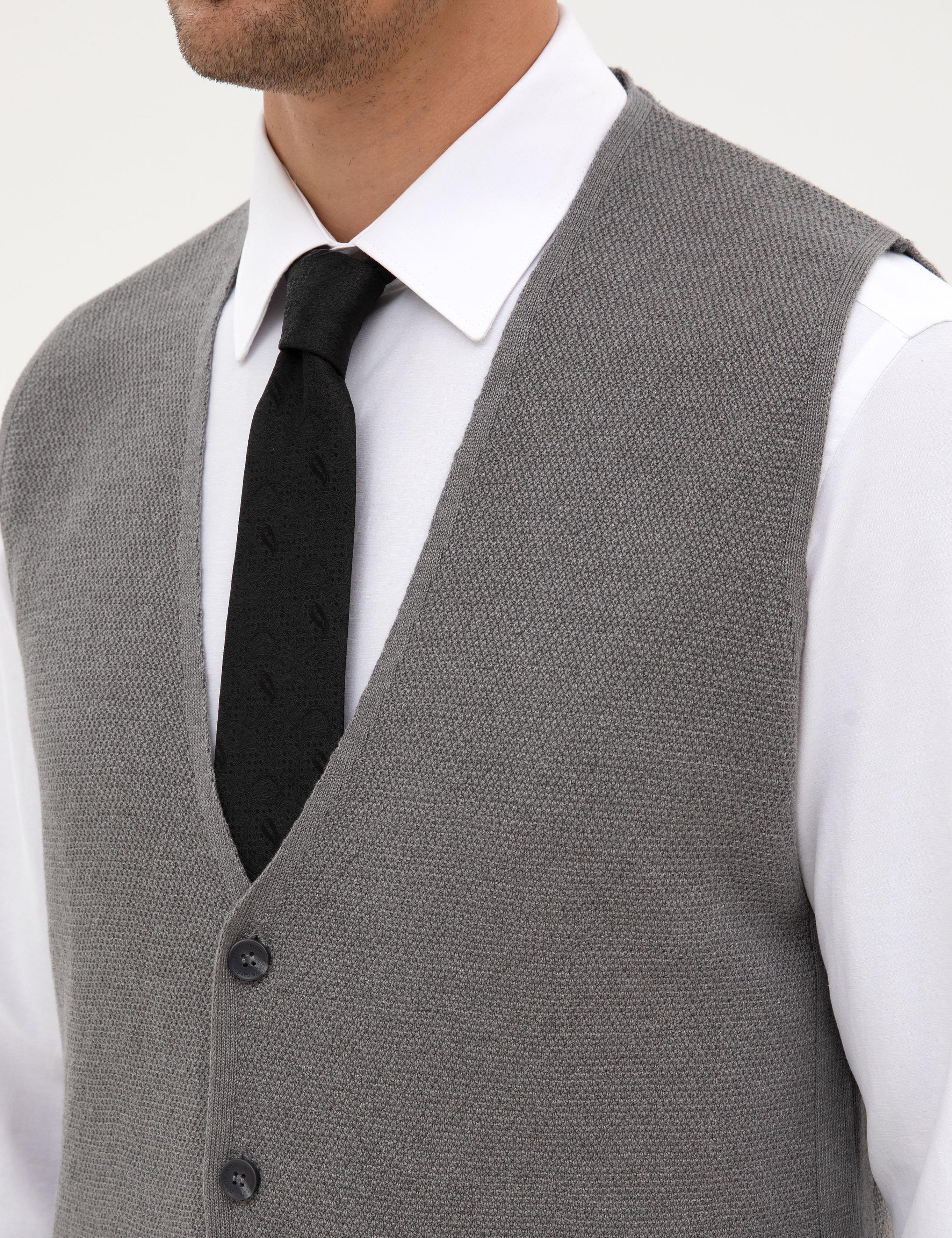 Gri Melanj Slim Fit V Yaka Triko Yelek