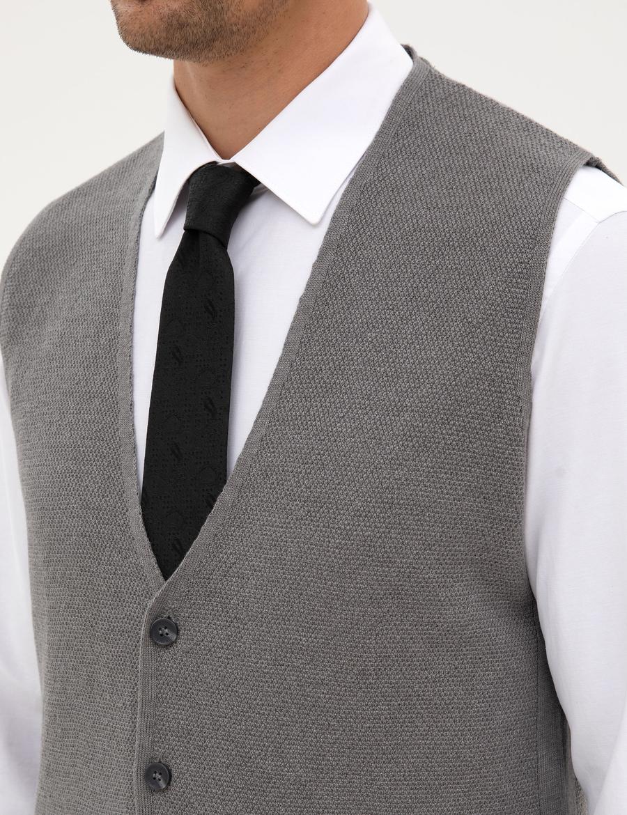 Gri Melanj Slim Fit V Yaka Triko Yelek