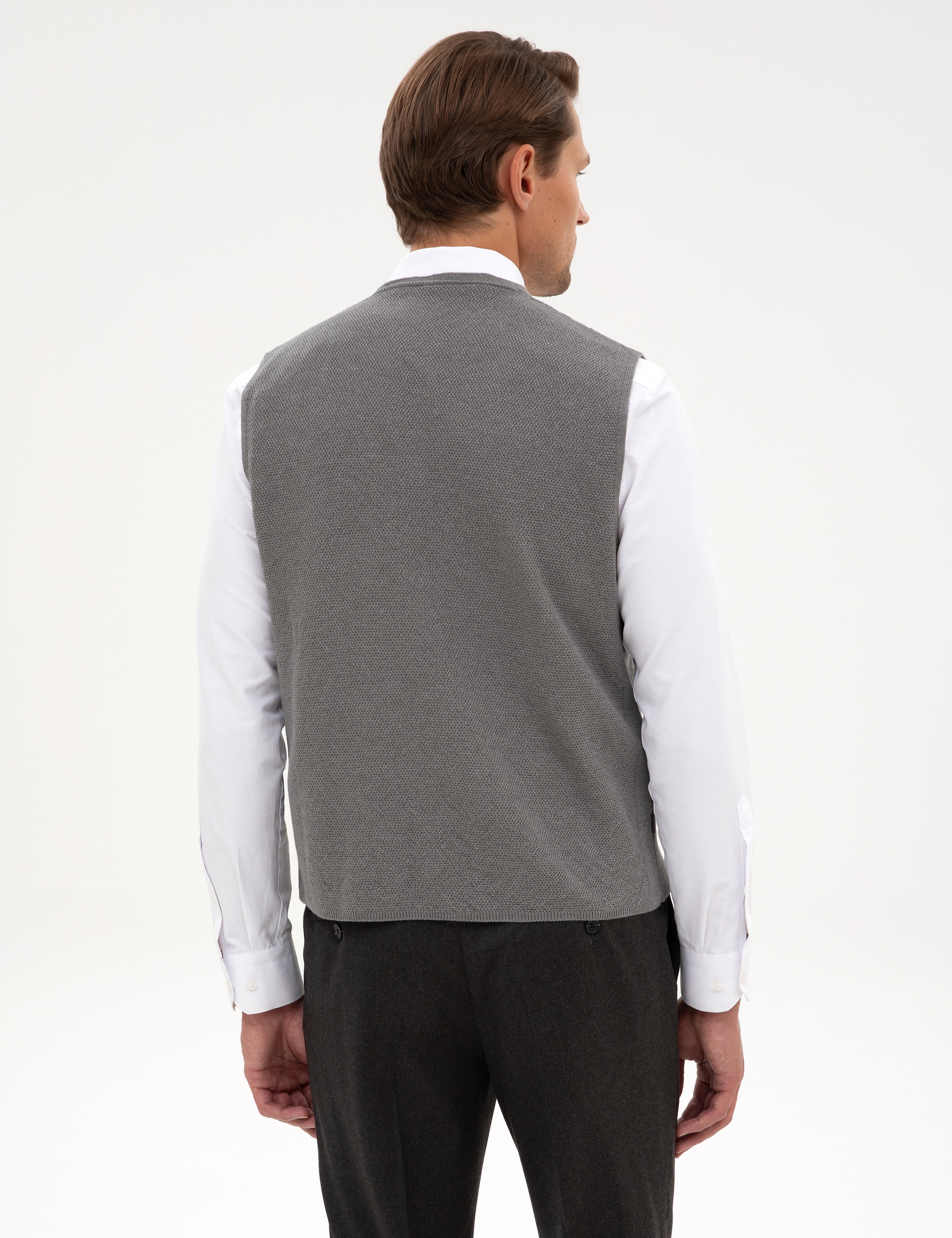 Gri Melanj Slim Fit V Yaka Triko Yelek