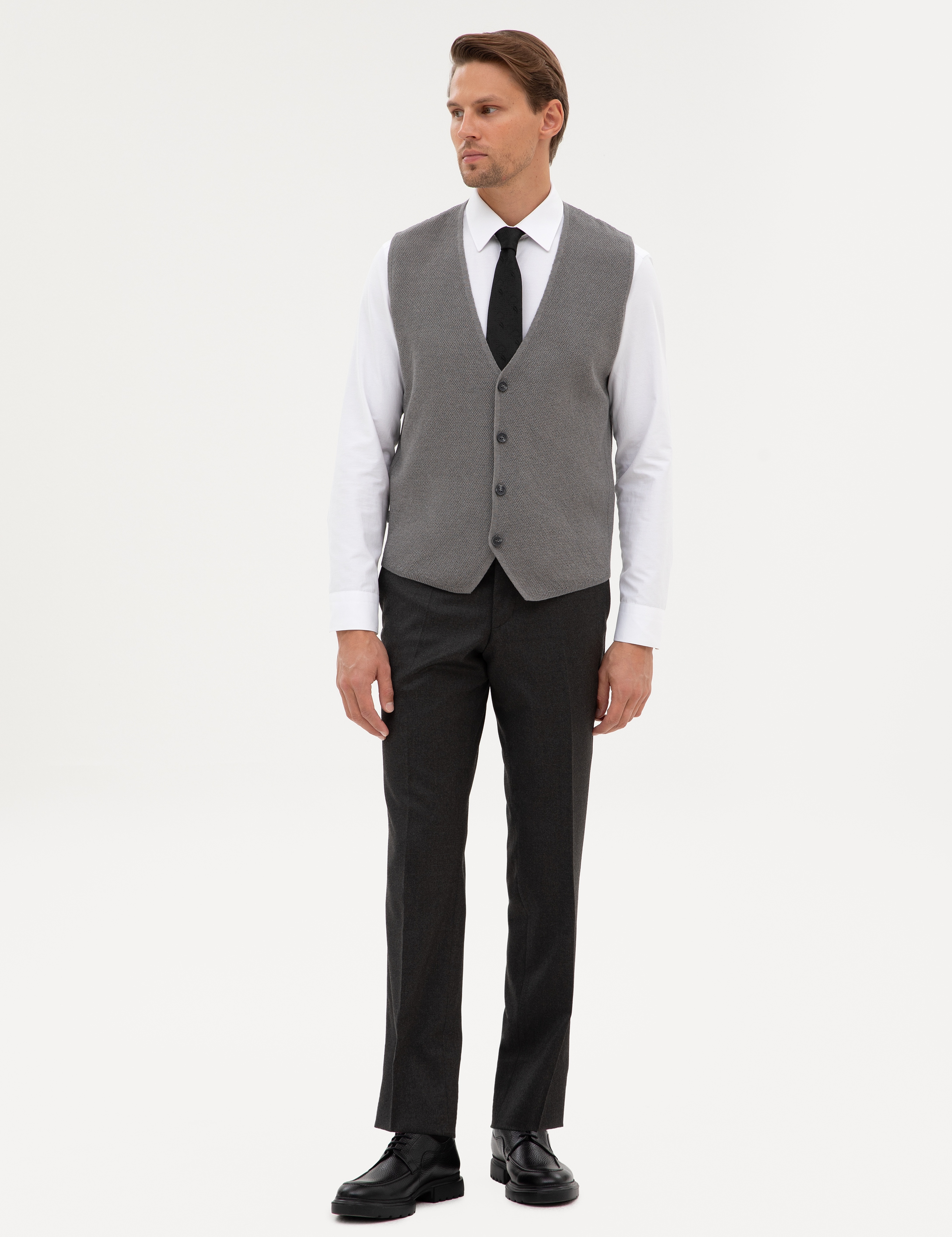 Gri Melanj Slim Fit V Yaka Triko Yelek - Image 4