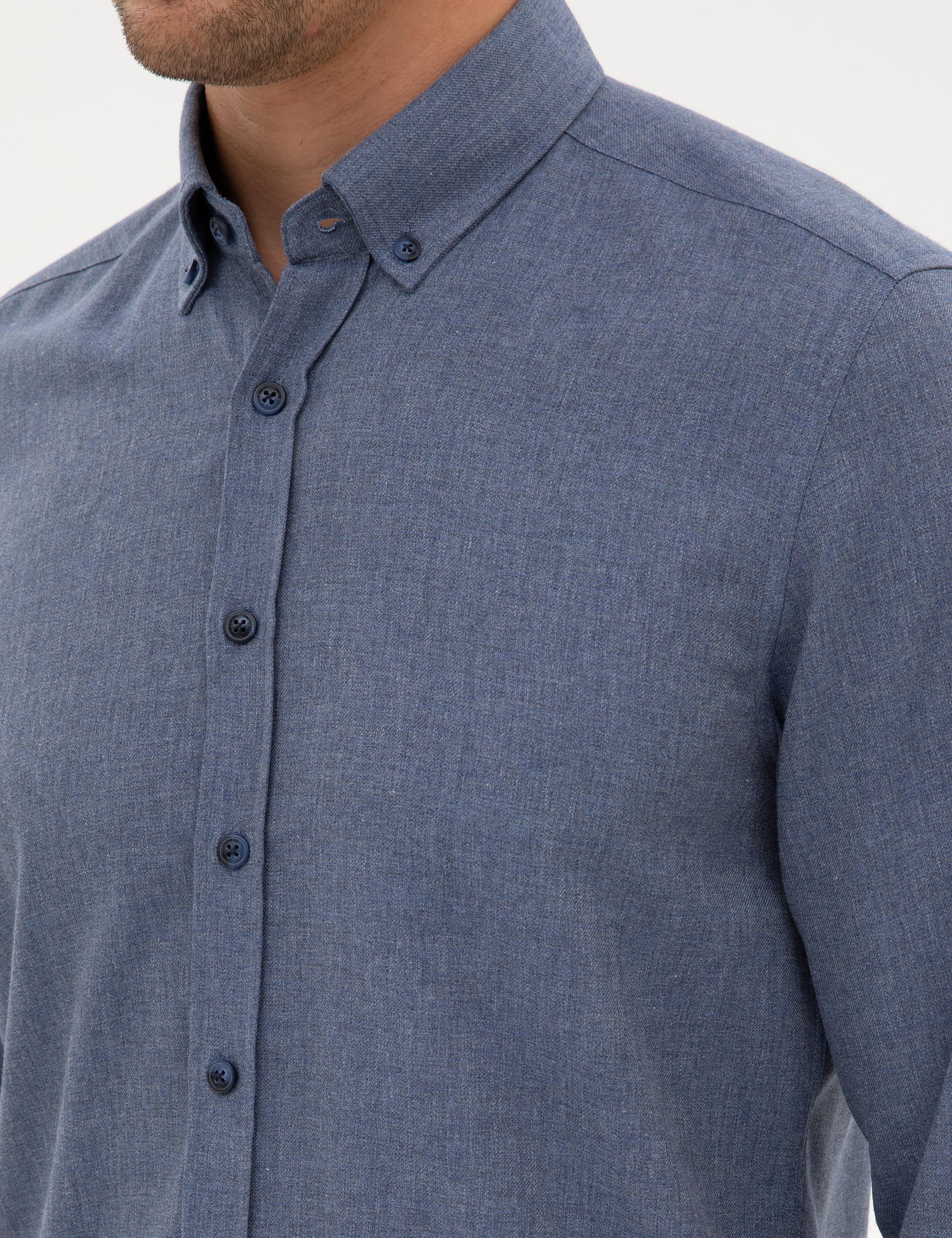 Koyu Mavi Flanel Dokulu Slim Fit Uzun Kollu Gömlek - Image 7