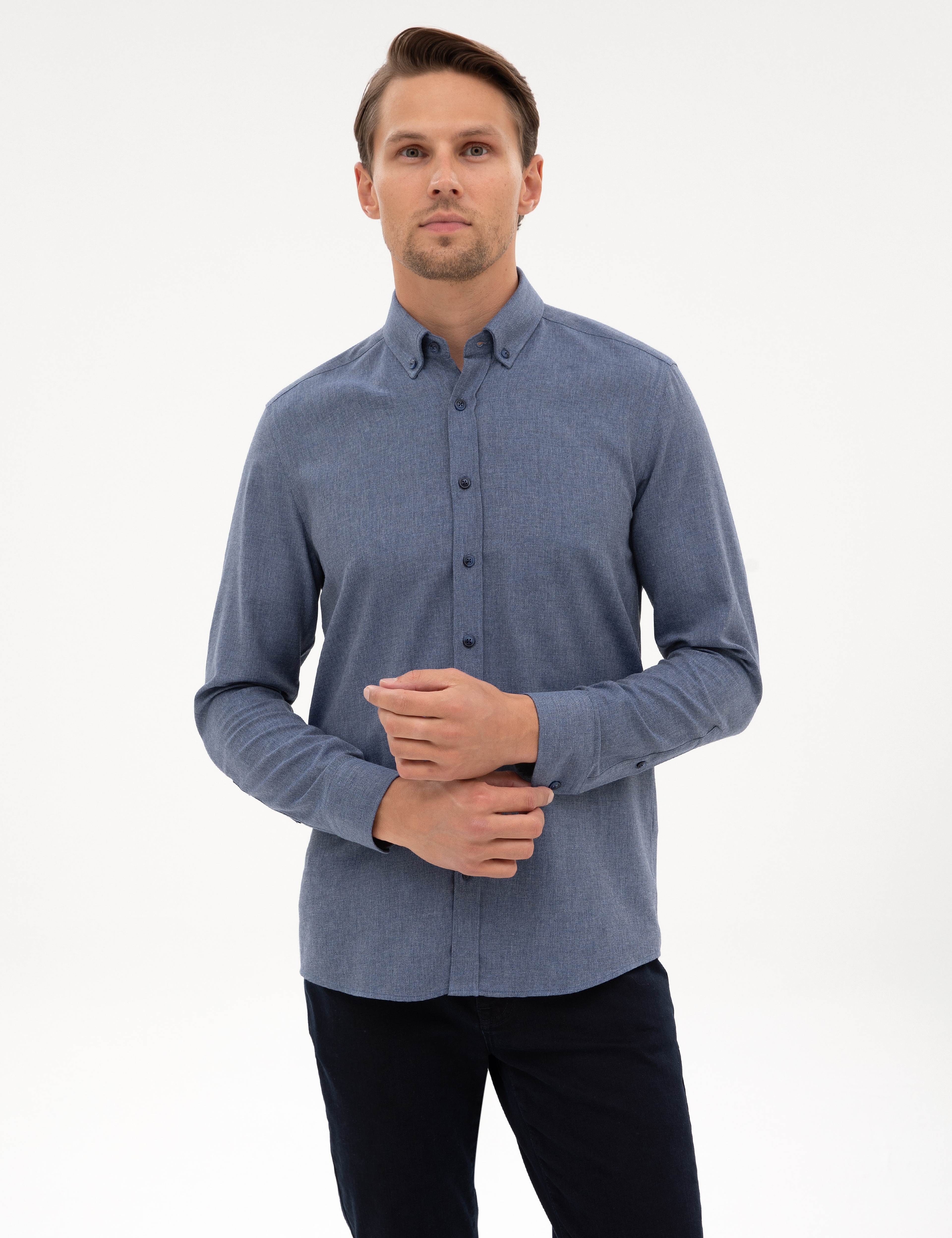 Koyu Mavi Flanel Dokulu Slim Fit Uzun Kollu Gömlek - Image 3