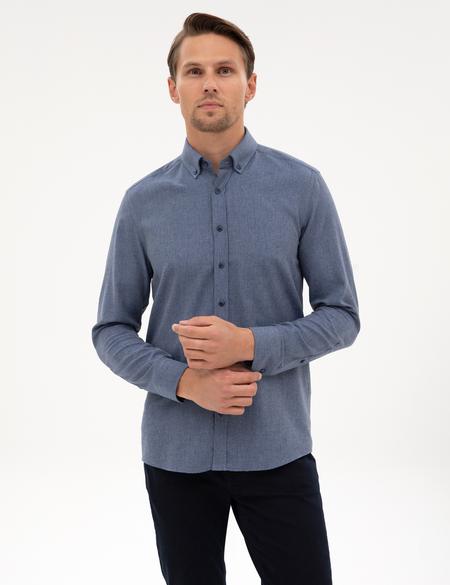 Koyu Mavi Flanel Dokulu Slim Fit Uzun Kollu Gömlek - 50316751091