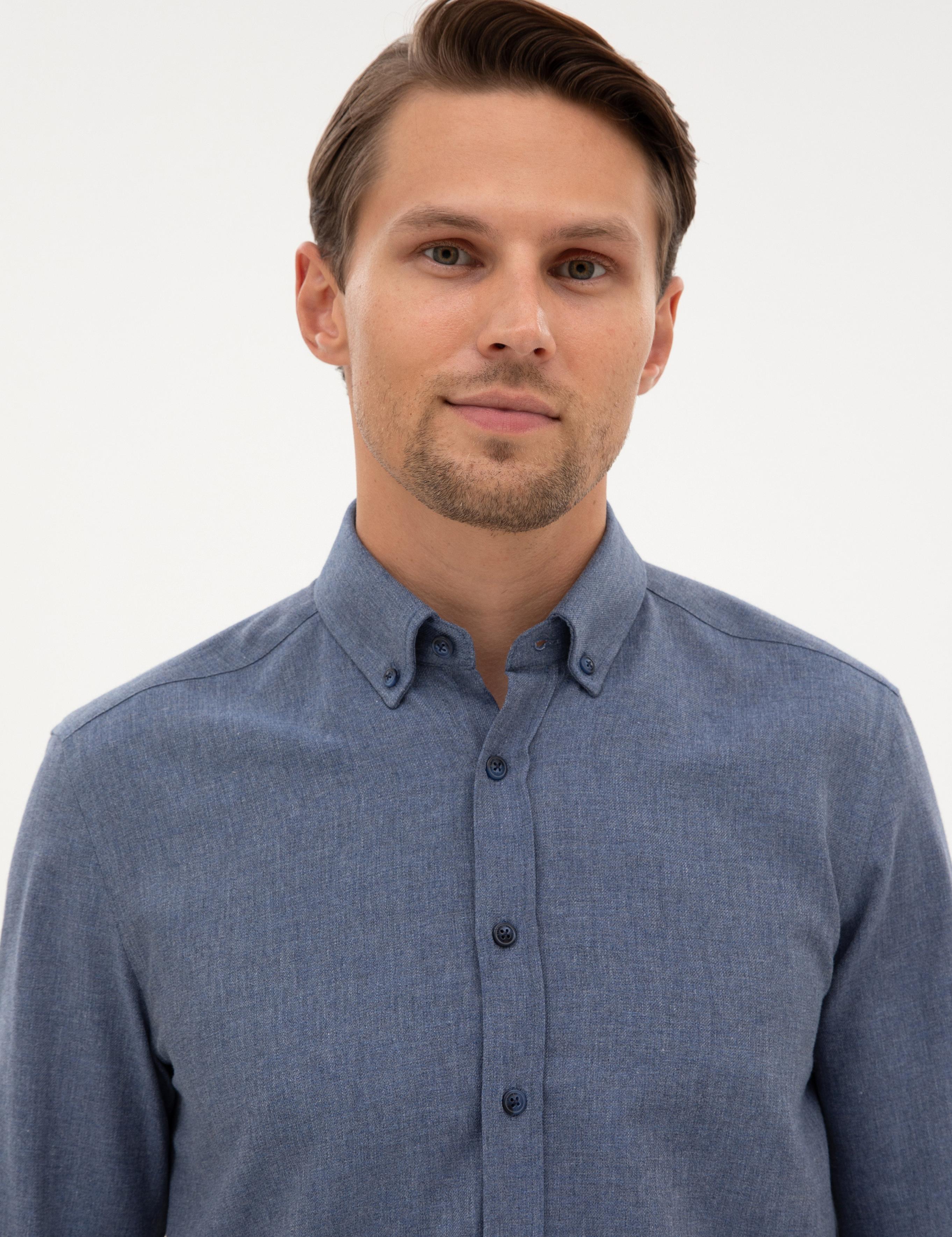 Koyu Mavi Flanel Dokulu Slim Fit Uzun Kollu Gömlek