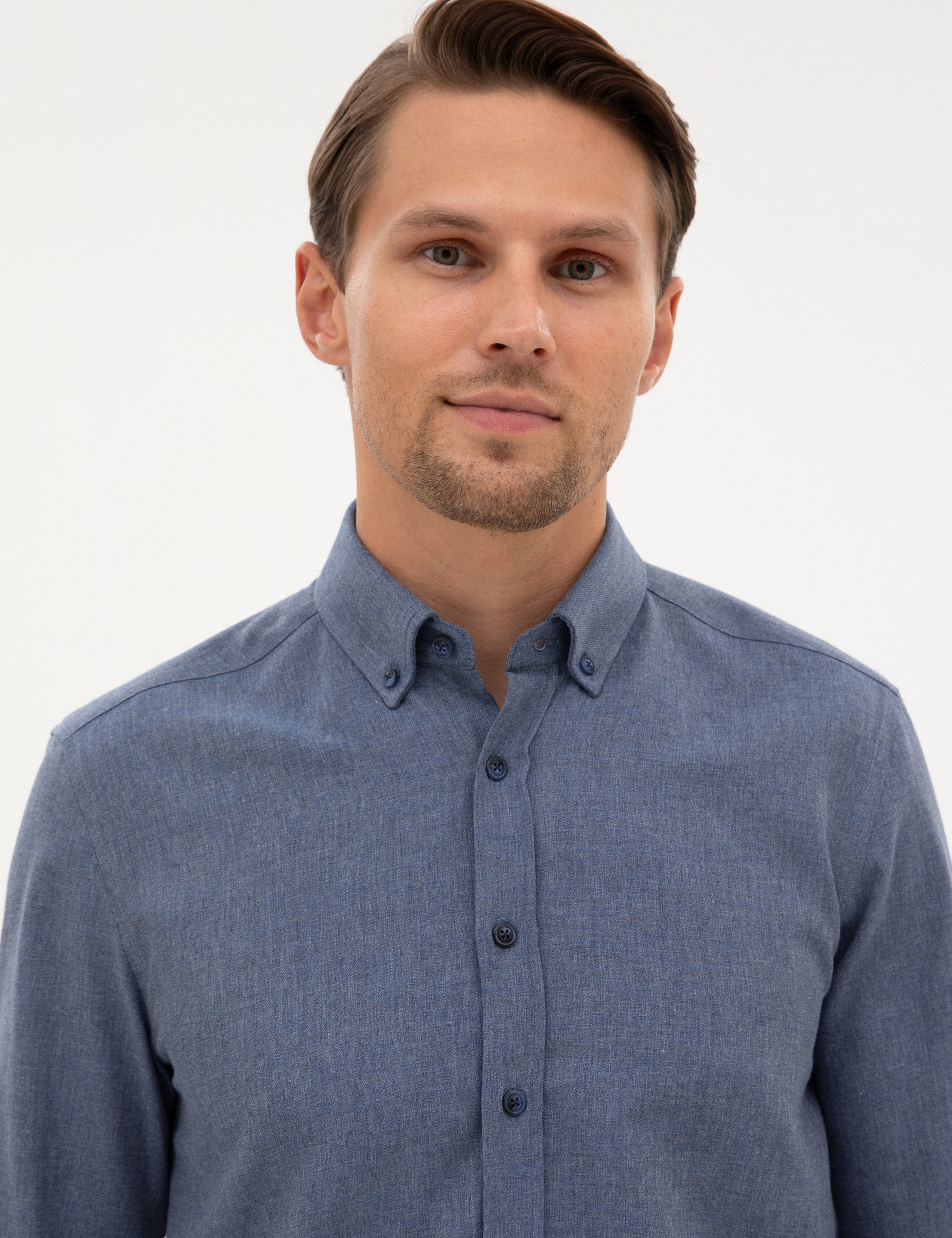 Koyu Mavi Flanel Dokulu Slim Fit Uzun Kollu Gömlek - Image 2