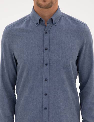 Koyu Mavi Flanel Dokulu Slim Fit Uzun Kollu Gömlek