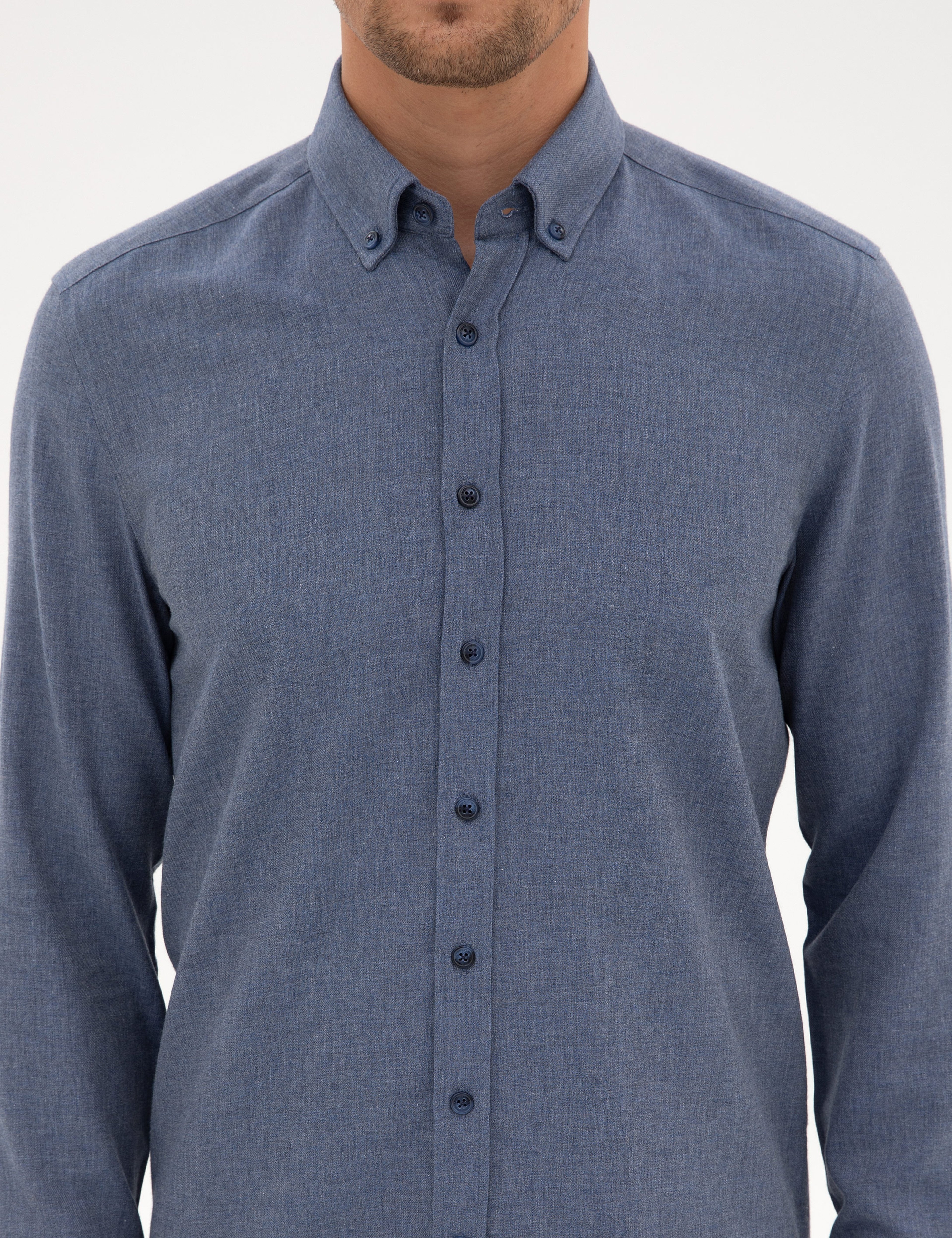 Koyu Mavi Flanel Dokulu Slim Fit Uzun Kollu Gömlek