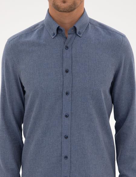 Koyu Mavi Flanel Dokulu Slim Fit Uzun Kollu Gömlek - 50316751091
