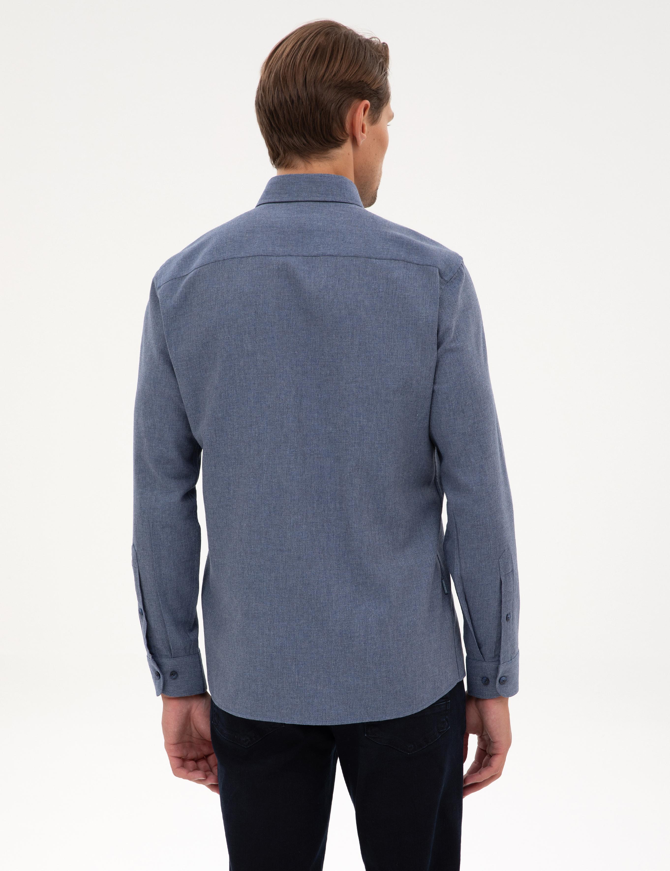 Koyu Mavi Flanel Dokulu Slim Fit Uzun Kollu Gömlek