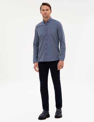 Koyu Mavi Flanel Dokulu Slim Fit Uzun Kollu Gömlek
