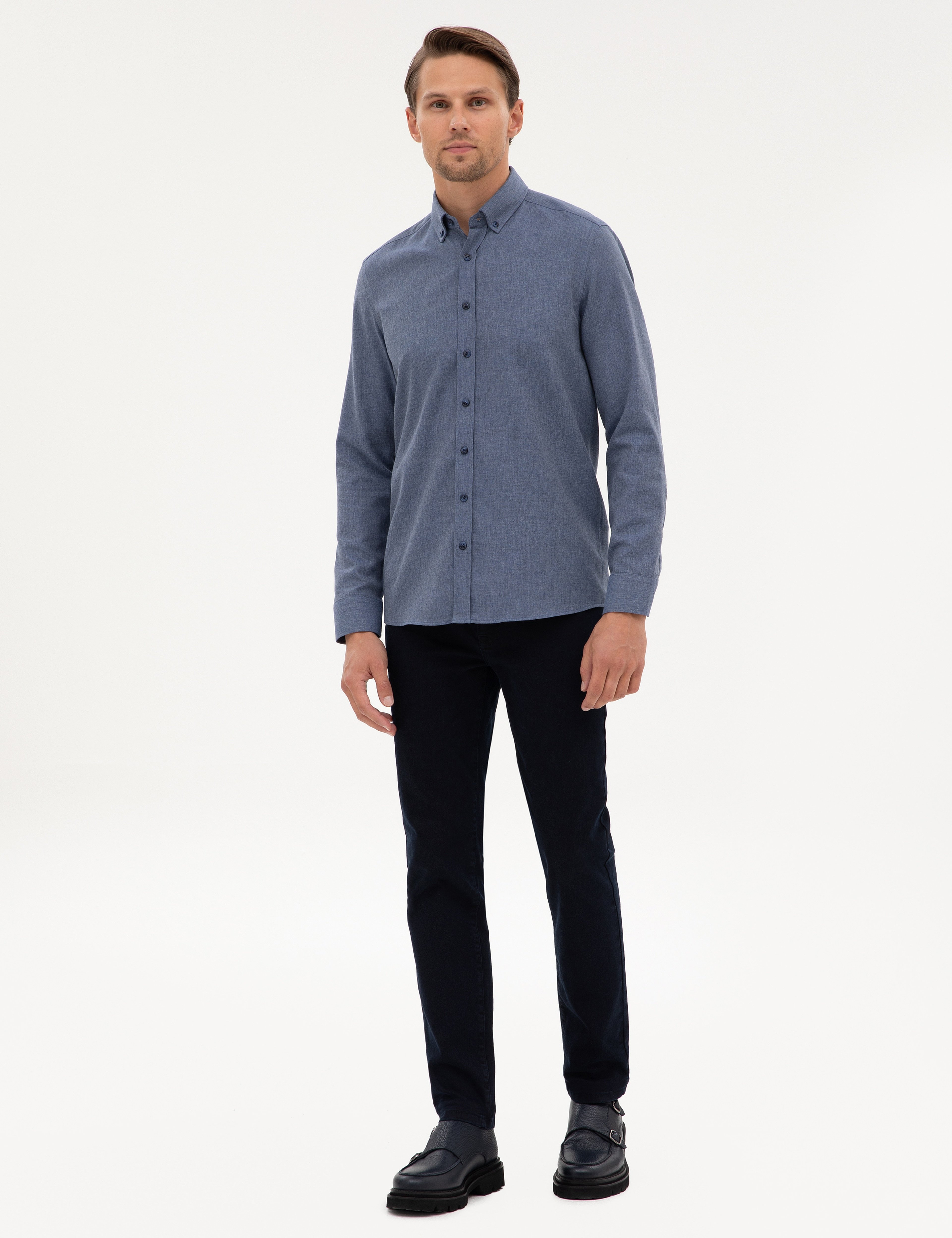 Koyu Mavi Flanel Dokulu Slim Fit Uzun Kollu Gömlek