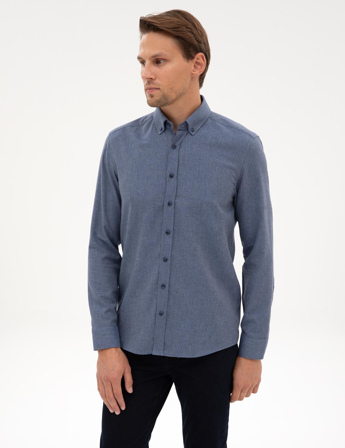 Koyu Mavi Flanel Dokulu Slim Fit Uzun Kollu Gömlek