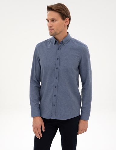Koyu Mavi Flanel Dokulu Slim Fit Uzun Kollu Gömlek