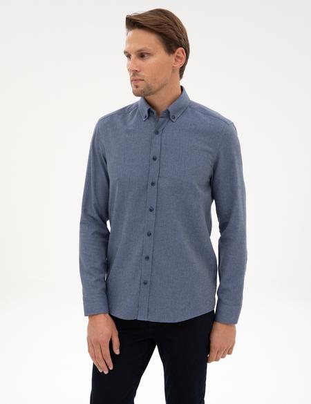 Koyu Mavi Flanel Dokulu Slim Fit Uzun Kollu Gömlek - 50316751091