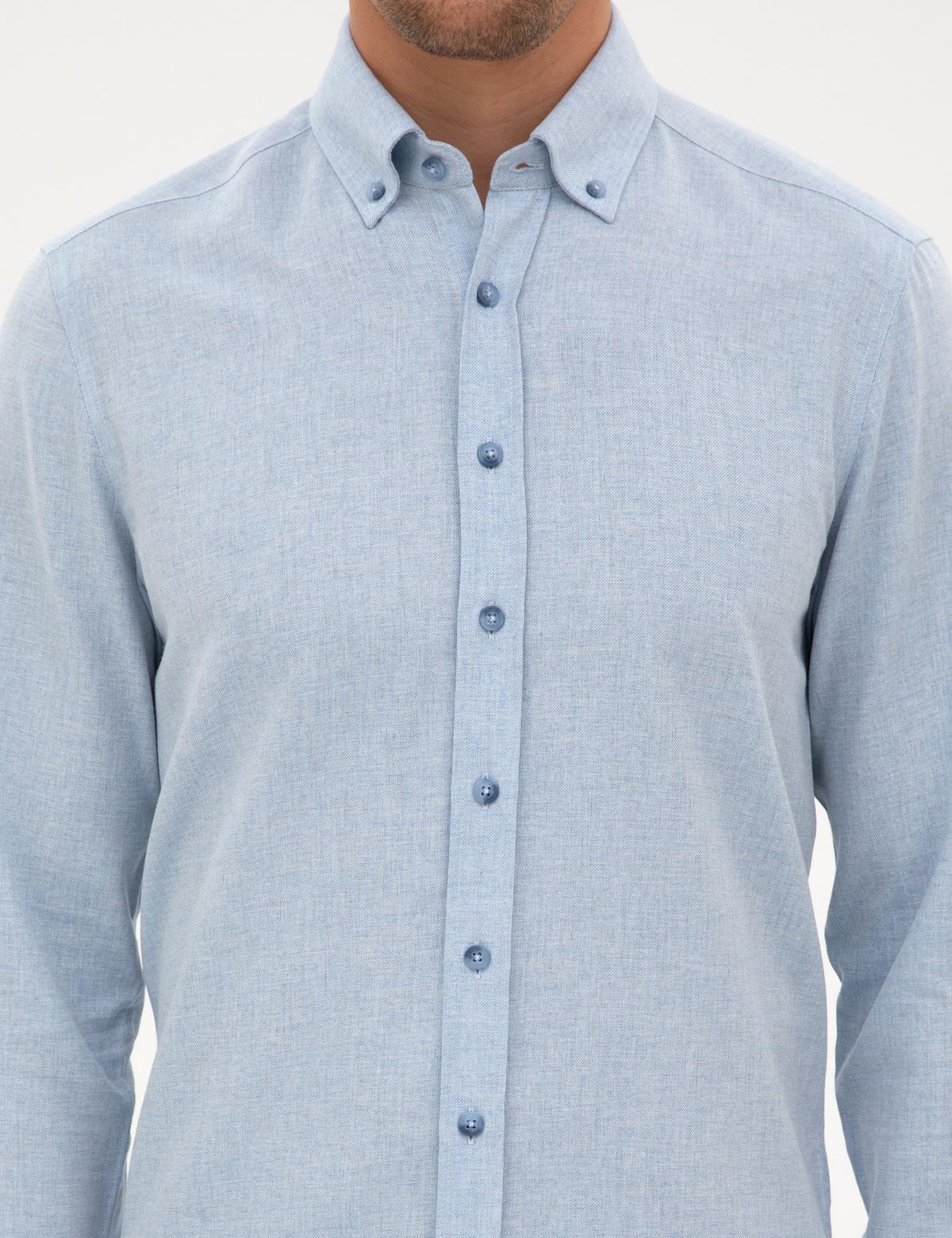 Açık Mavi Flanel Dokulu Slim Fit Uzun Kollu Gömlek - 50316751089