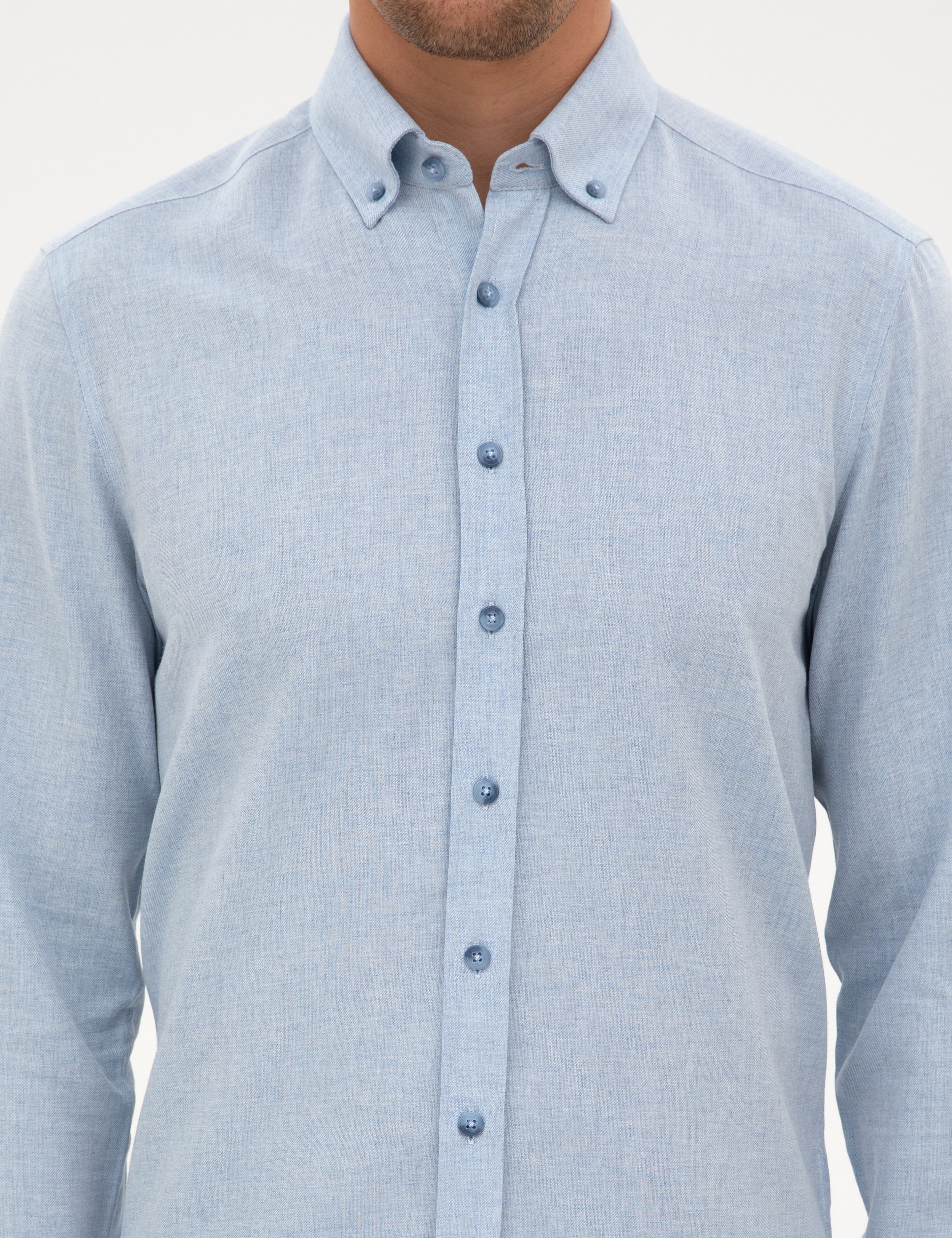 Açık Mavi Flanel Dokulu Slim Fit Uzun Kollu Gömlek - Image 6