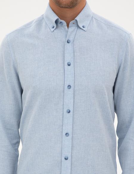 Açık Mavi Flanel Dokulu Slim Fit Uzun Kollu Gömlek - 50316751089