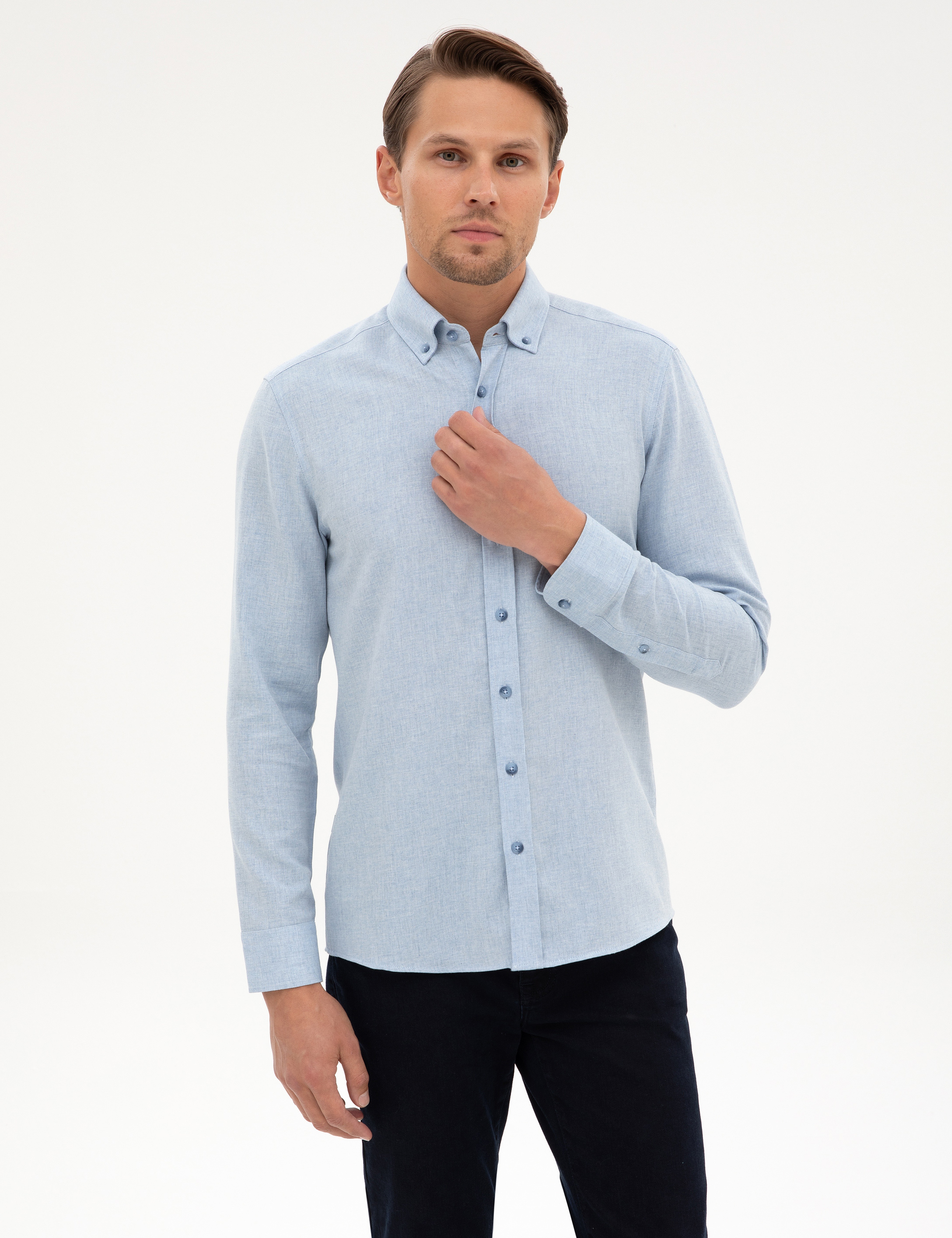 Açık Mavi Flanel Dokulu Slim Fit Uzun Kollu Gömlek - Image 1