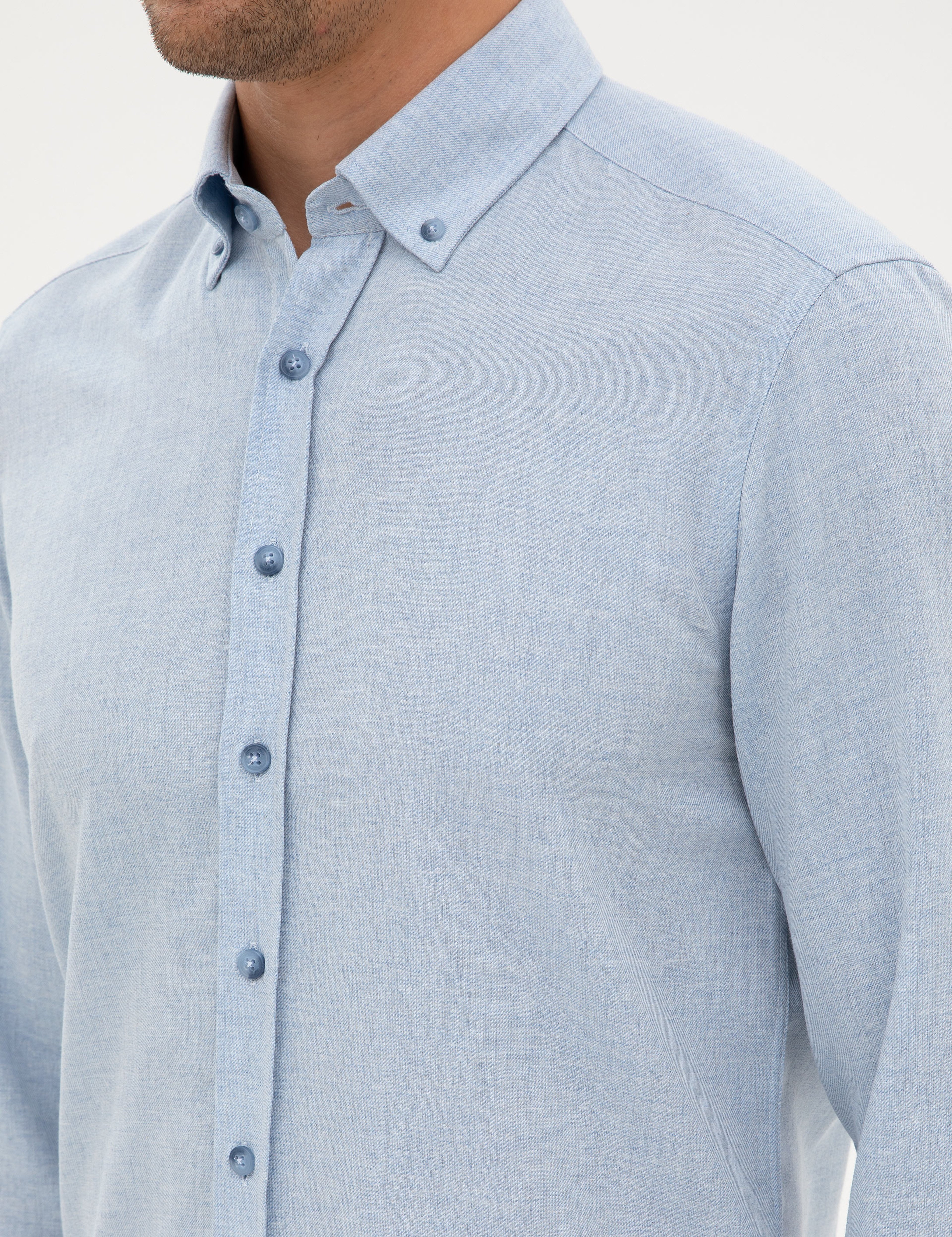 Açık Mavi Flanel Dokulu Slim Fit Uzun Kollu Gömlek - Image 7