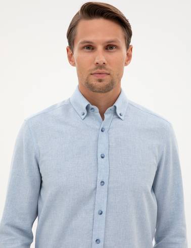 Açık Mavi Flanel Dokulu Slim Fit Uzun Kollu Gömlek