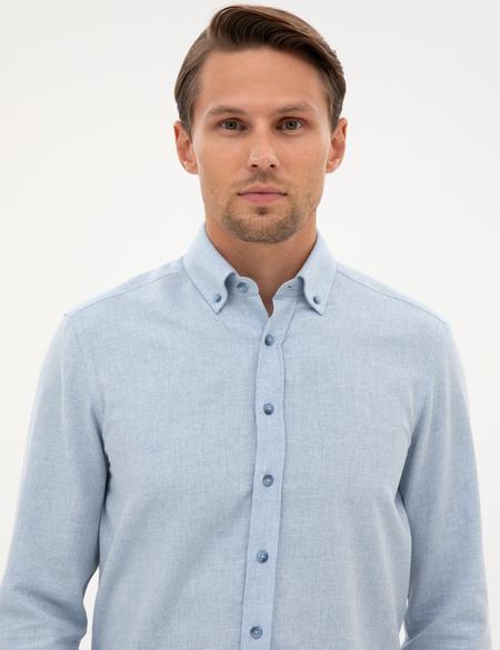Açık Mavi Flanel Dokulu Slim Fit Uzun Kollu Gömlek - 50316751089