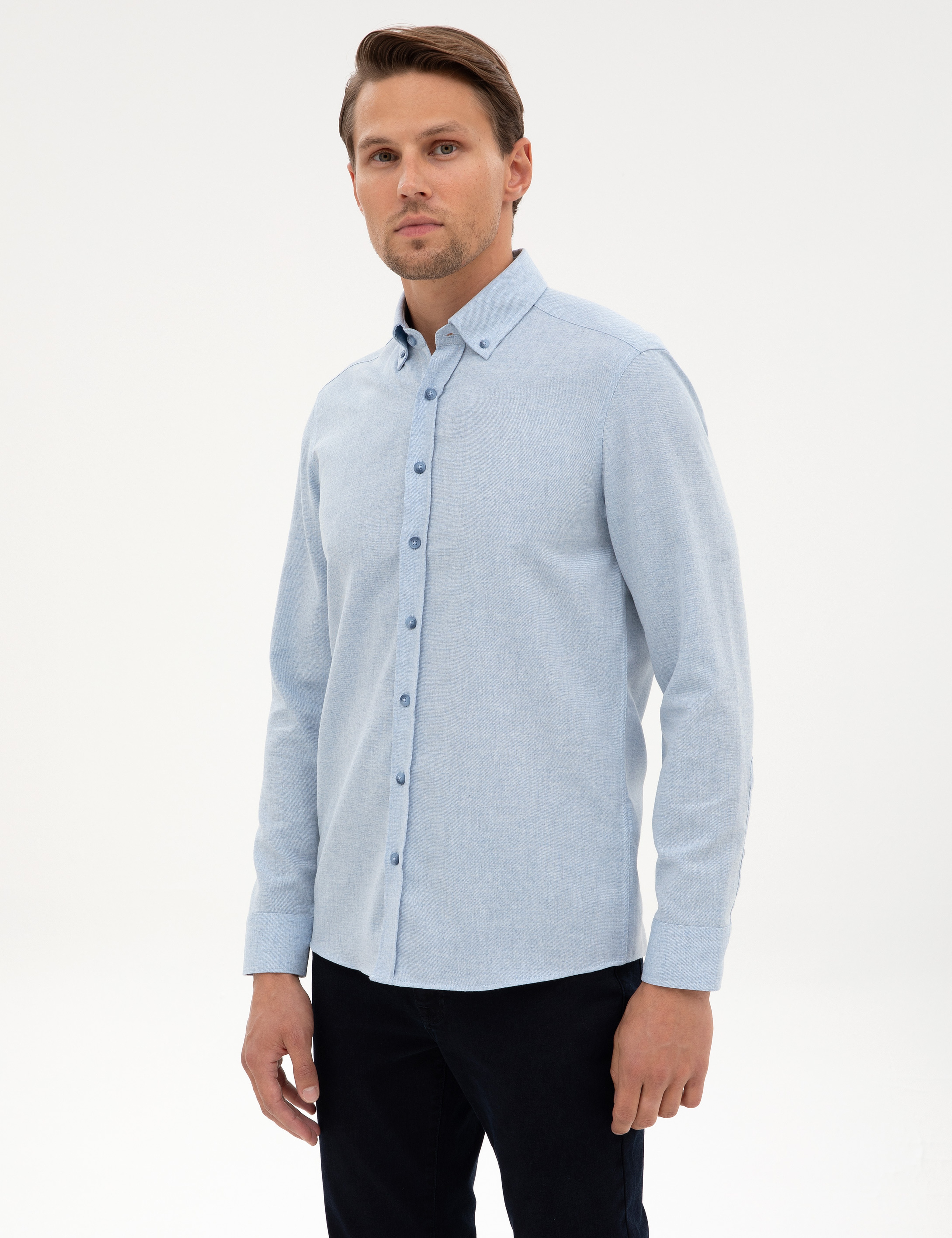 Açık Mavi Flanel Dokulu Slim Fit Uzun Kollu Gömlek - Image 3