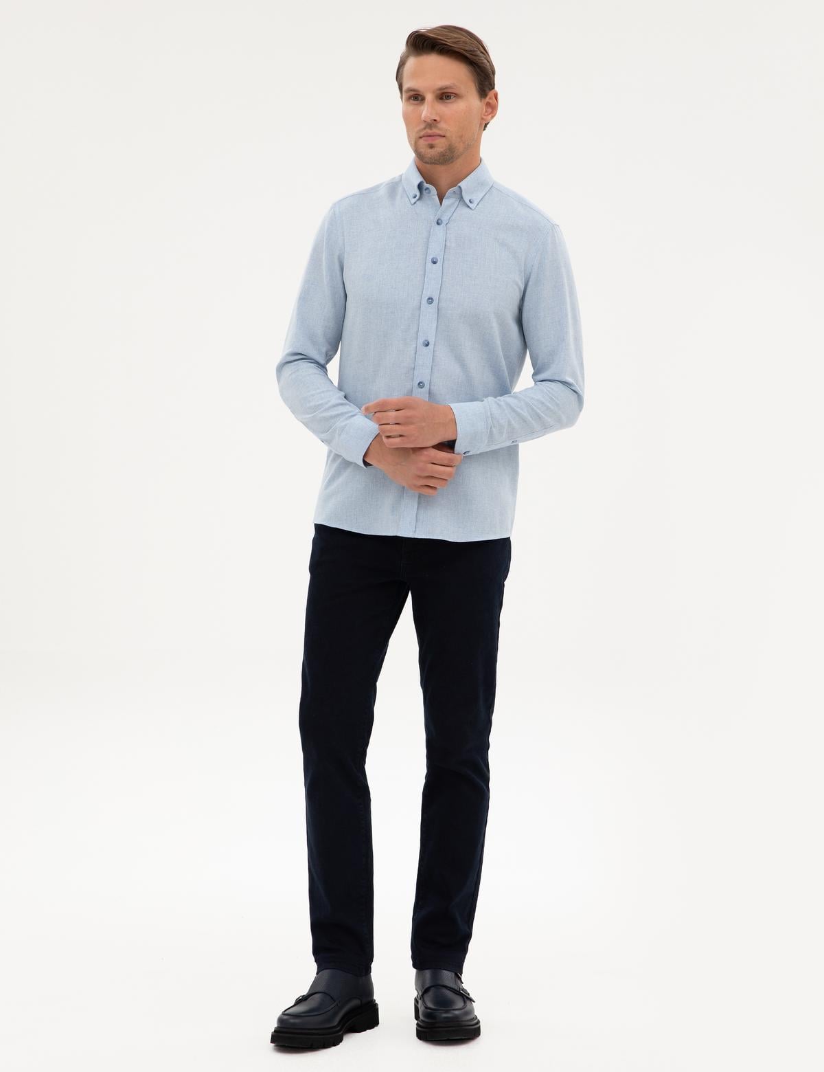 Açık Mavi Flanel Dokulu Slim Fit Uzun Kollu Gömlek - 50316751089